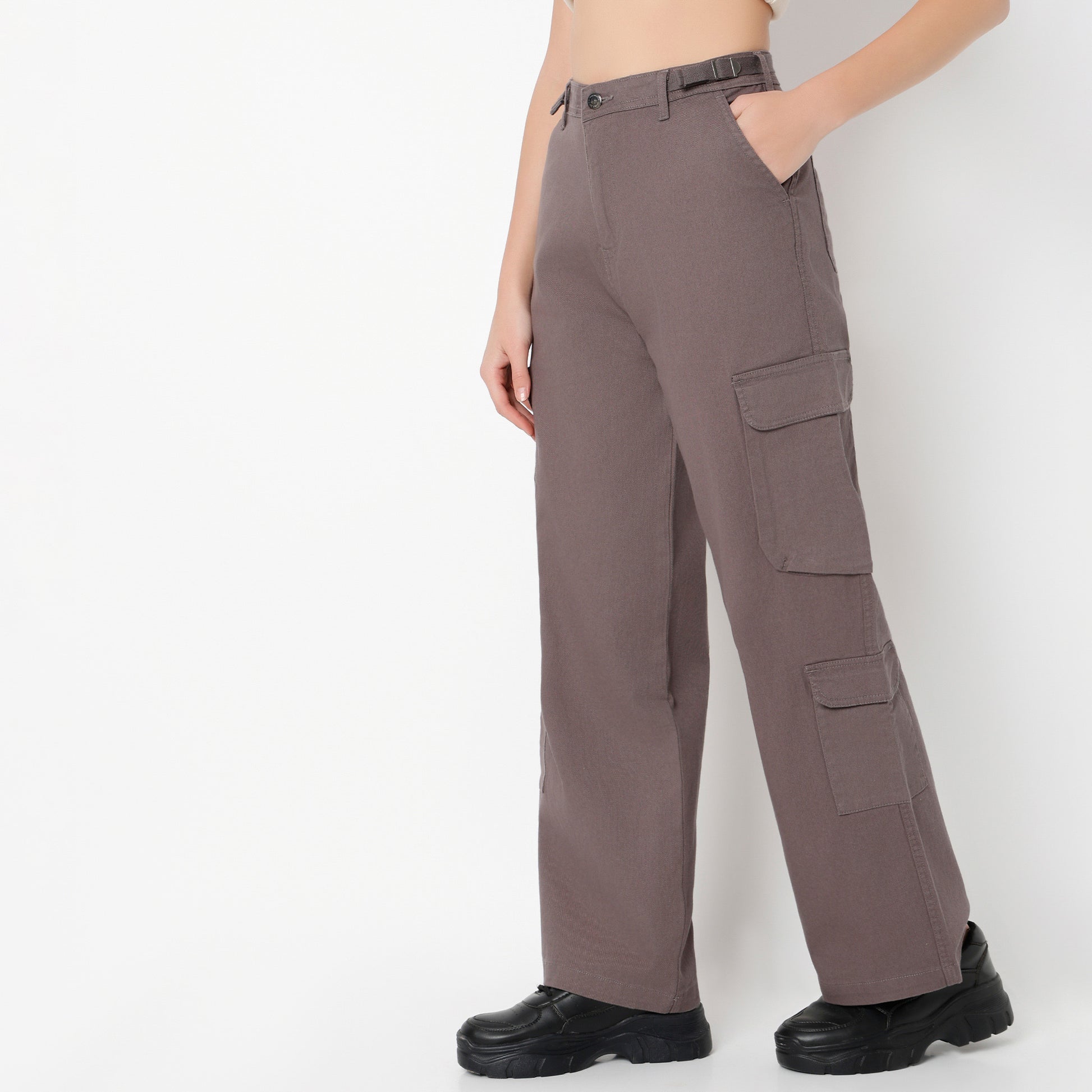 Regular Fit Solid High Rise Cargos