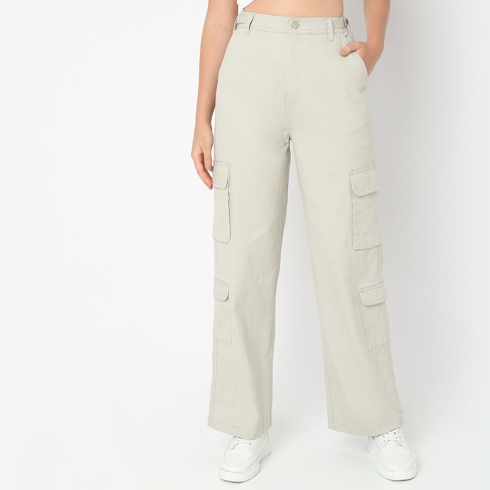 Regular Fit Solid High Rise Cargos