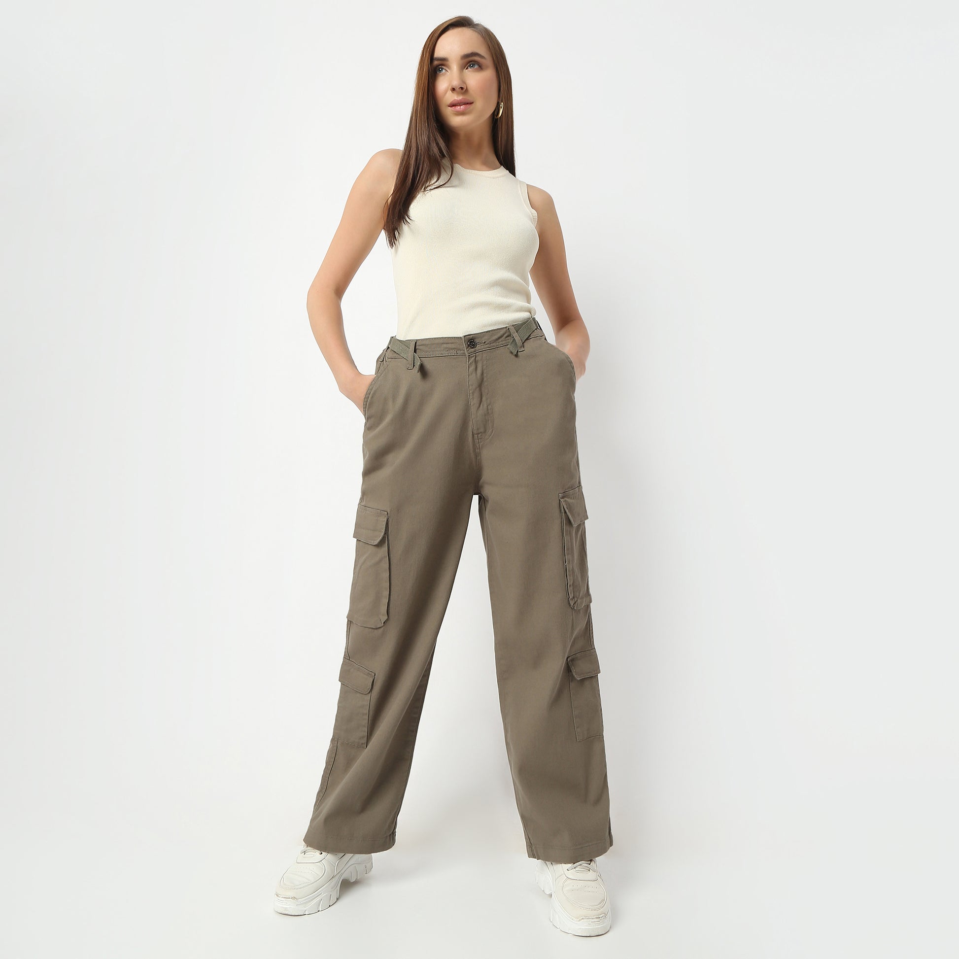 Regular Fit Solid High Rise Cargos