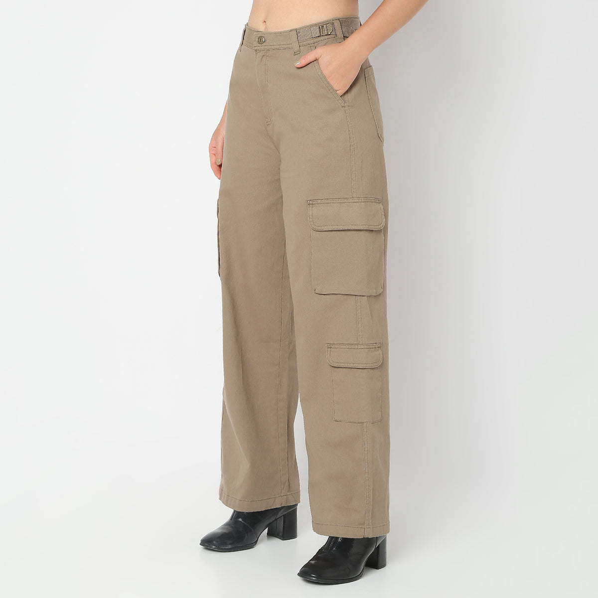 Regular Fit Solid High Rise Cargos