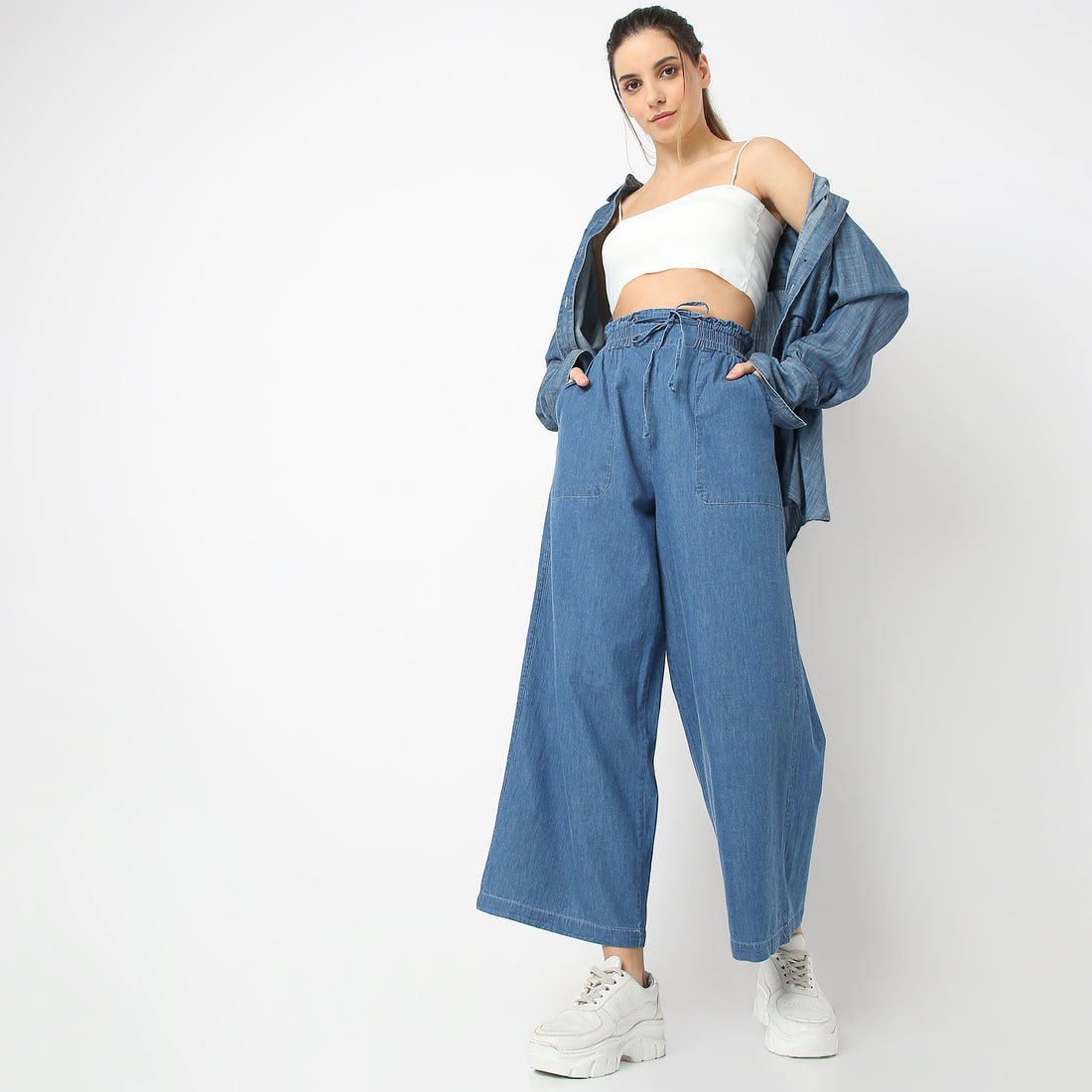 Relaxed Fit Solid High Rise Palazzos