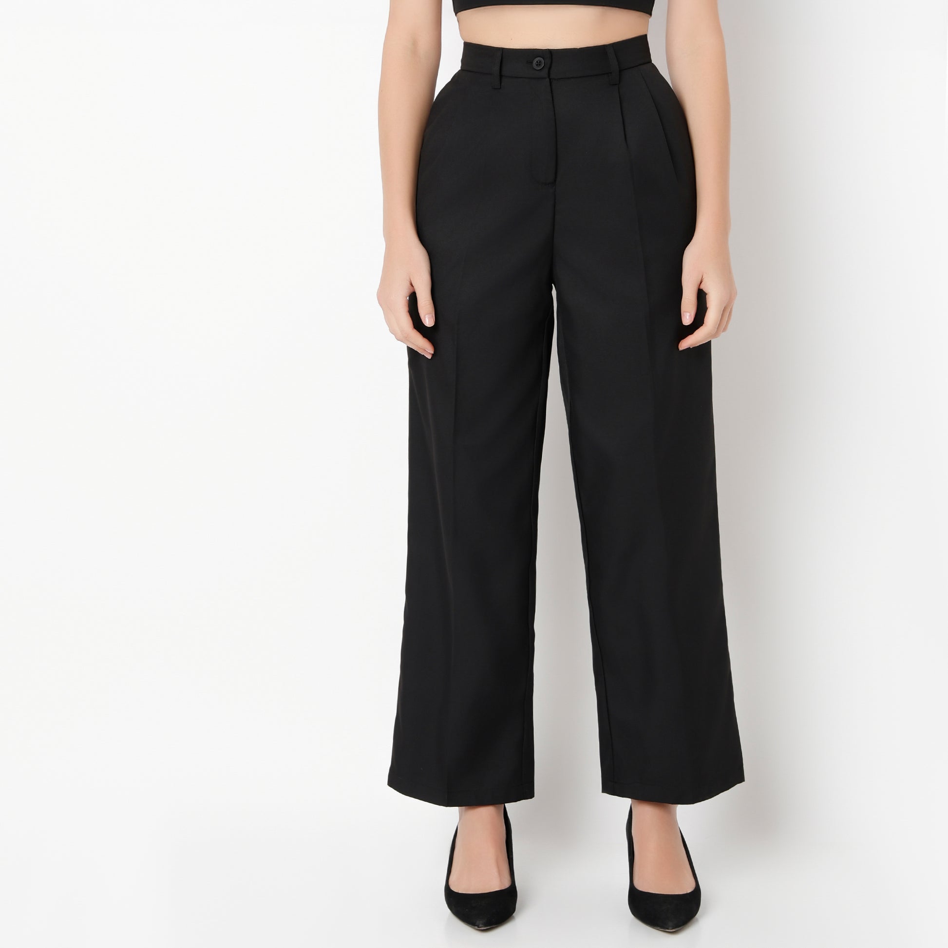 Relaxed Fit Solid Ankle Length High Rise Pants