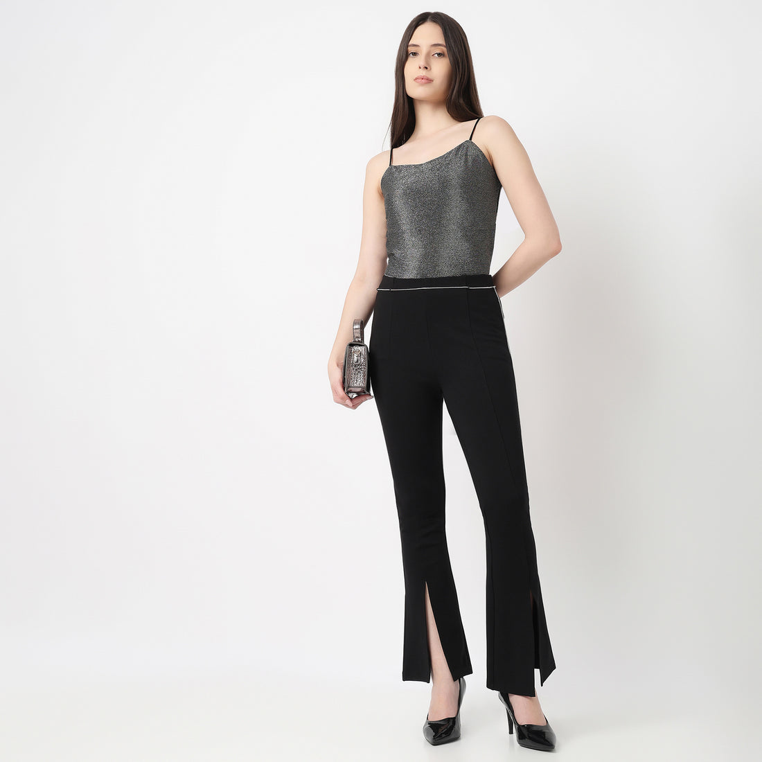 Silver Metail Chain On Waist And Centre Slit At Hem Detail Pant