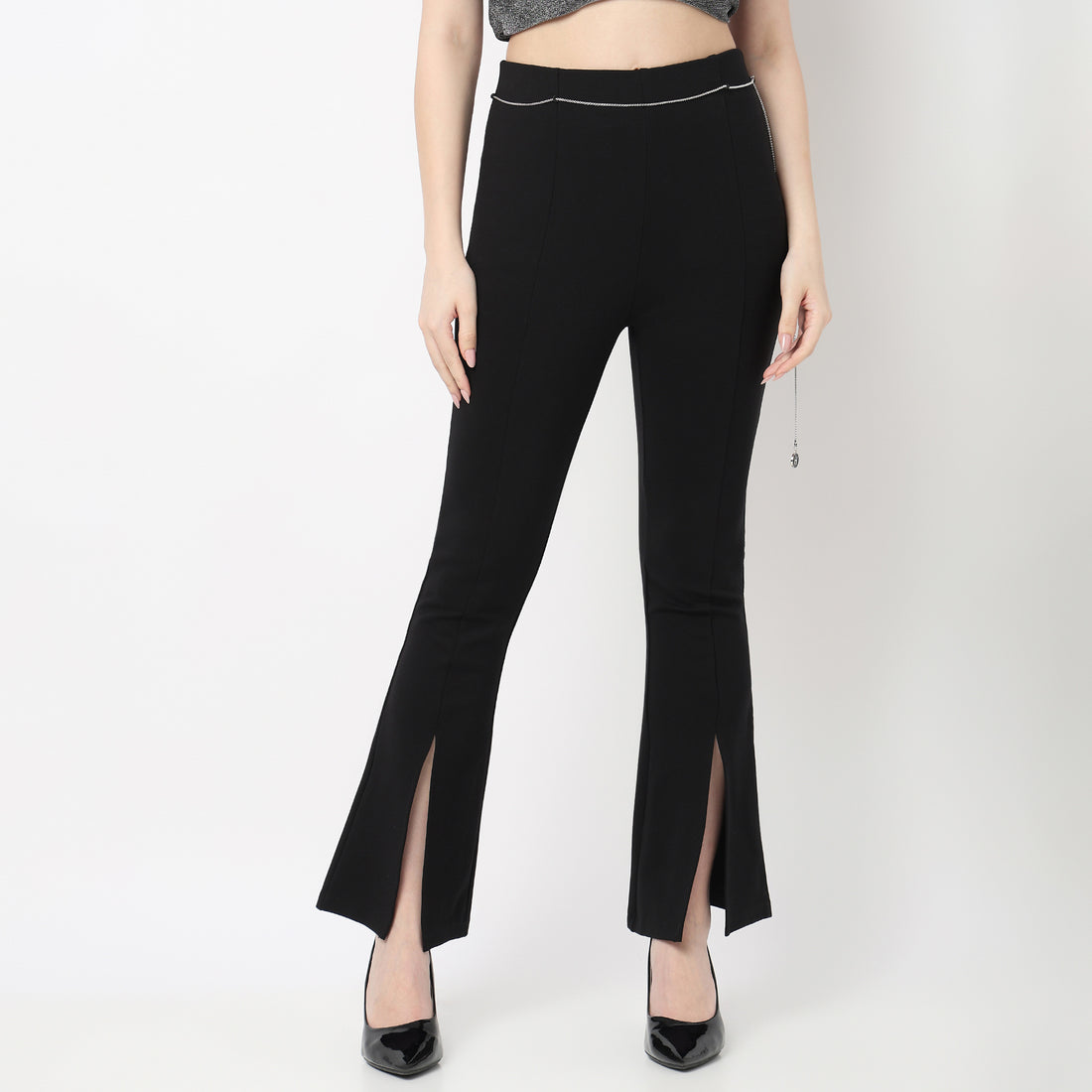 Silver Metail Chain On Waist And Centre Slit At Hem Detail Pant