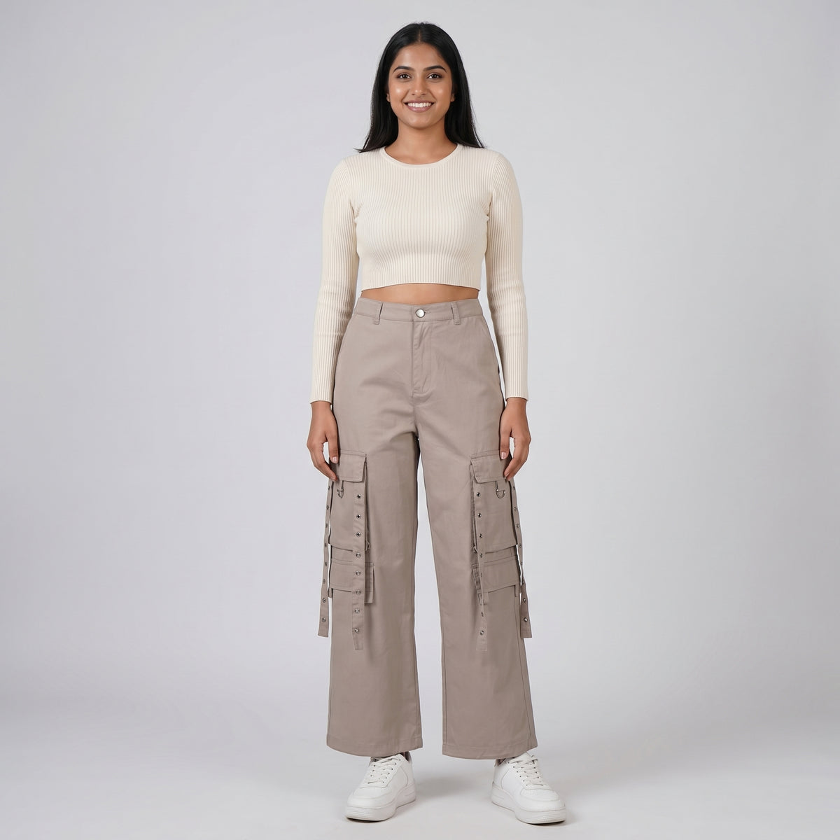 Cotton High Rise Pants With Strap Details on Pocket
