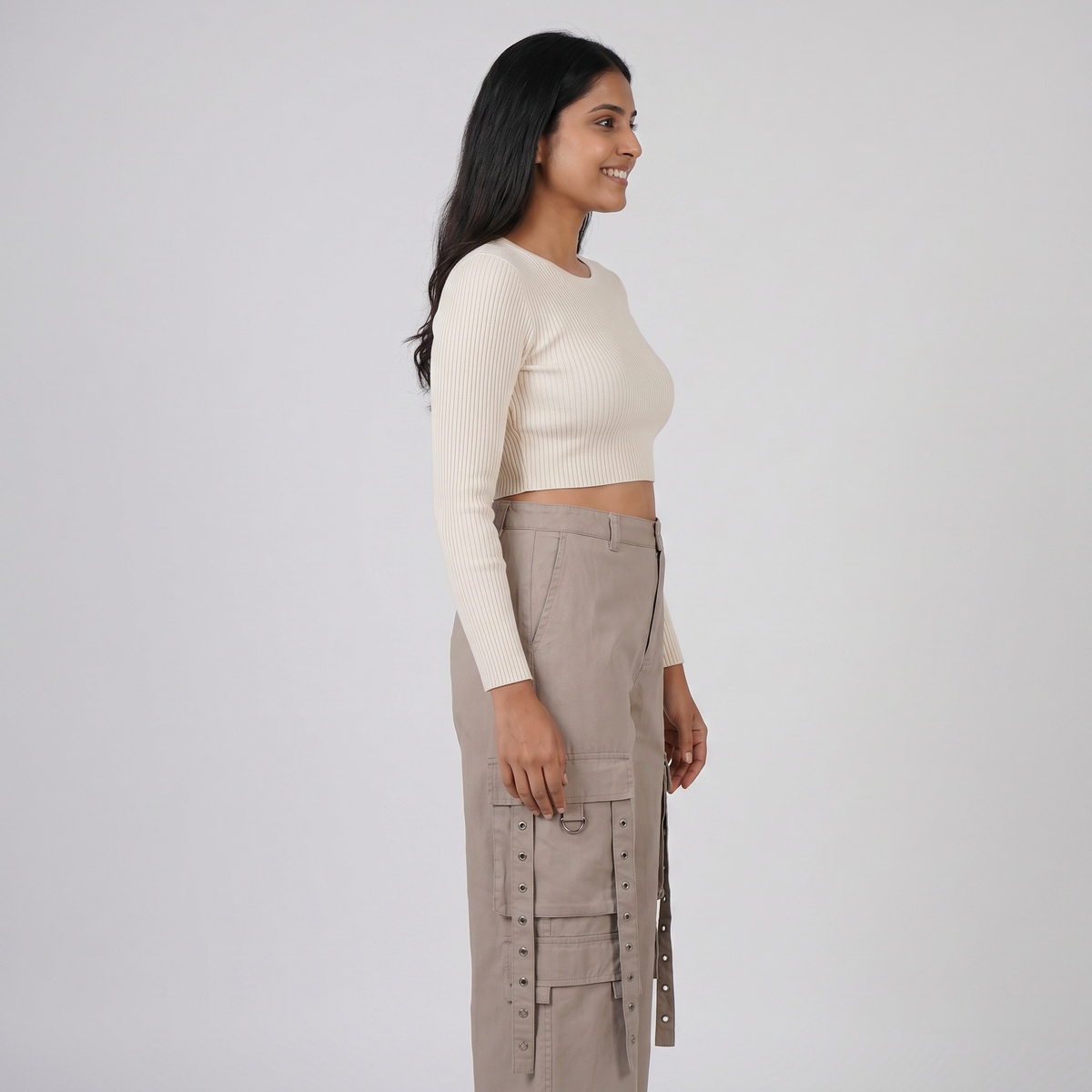 Cotton High Rise Pants With Strap Details on Pocket