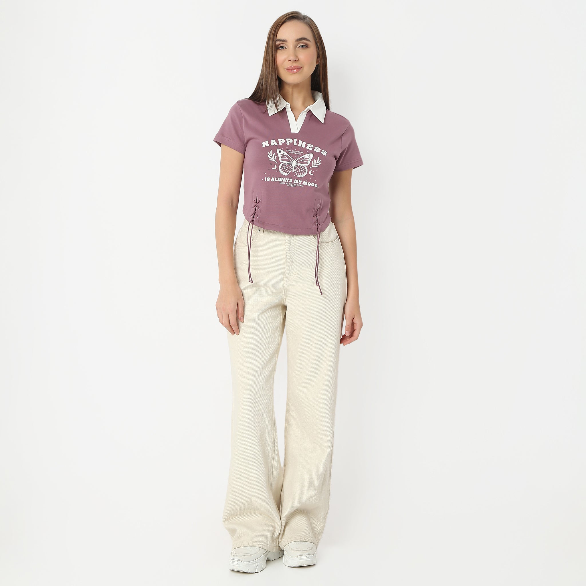 Boxy Fit Printed Shirt Collar Cropped T-Shirt