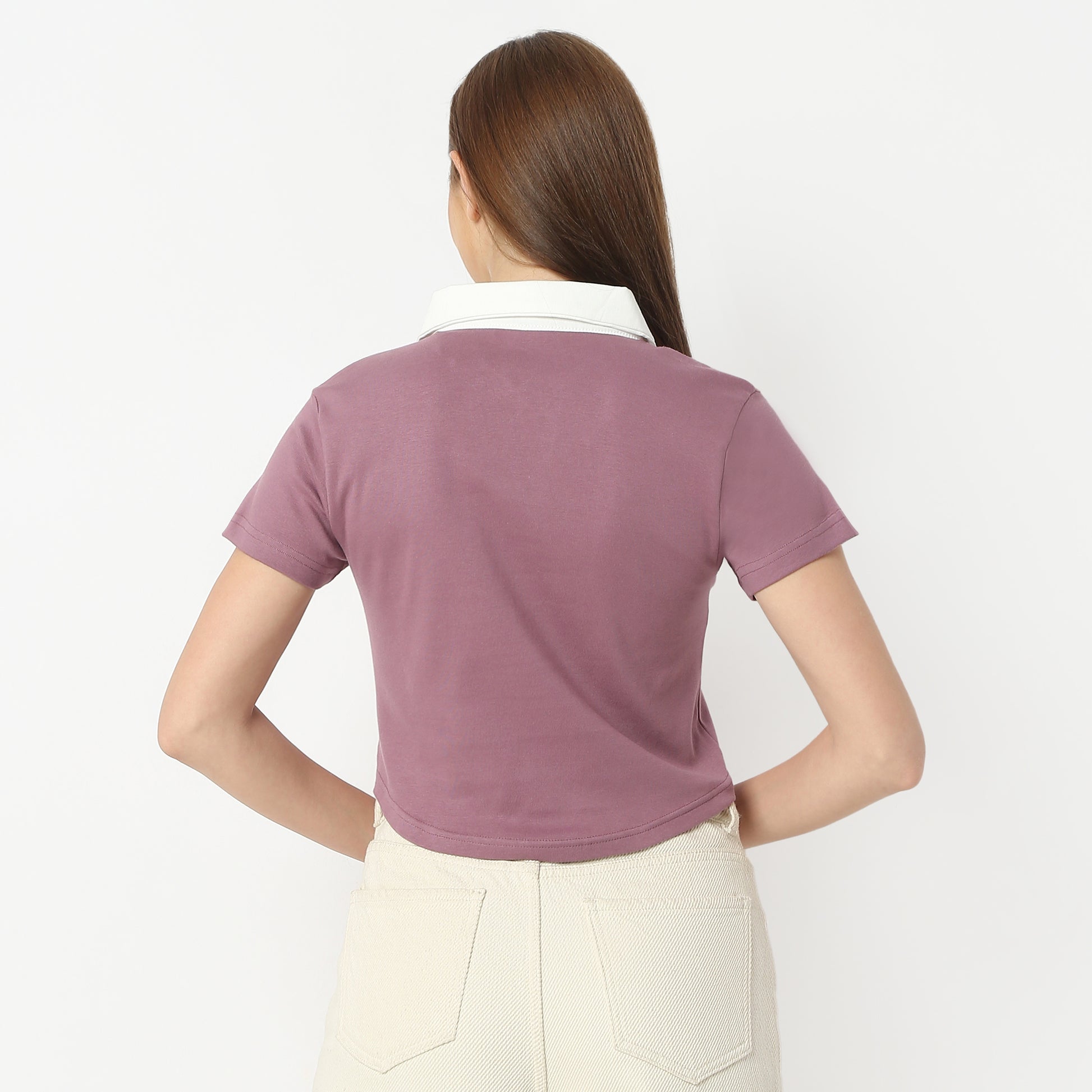 Boxy Fit Printed Shirt Collar Cropped T-Shirt