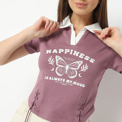 Boxy Fit Printed Shirt Collar Cropped T-Shirt