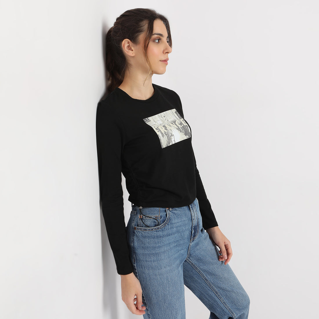 Fitted Printed Full Sleeve Side Ruching With Front Print T-Shirt