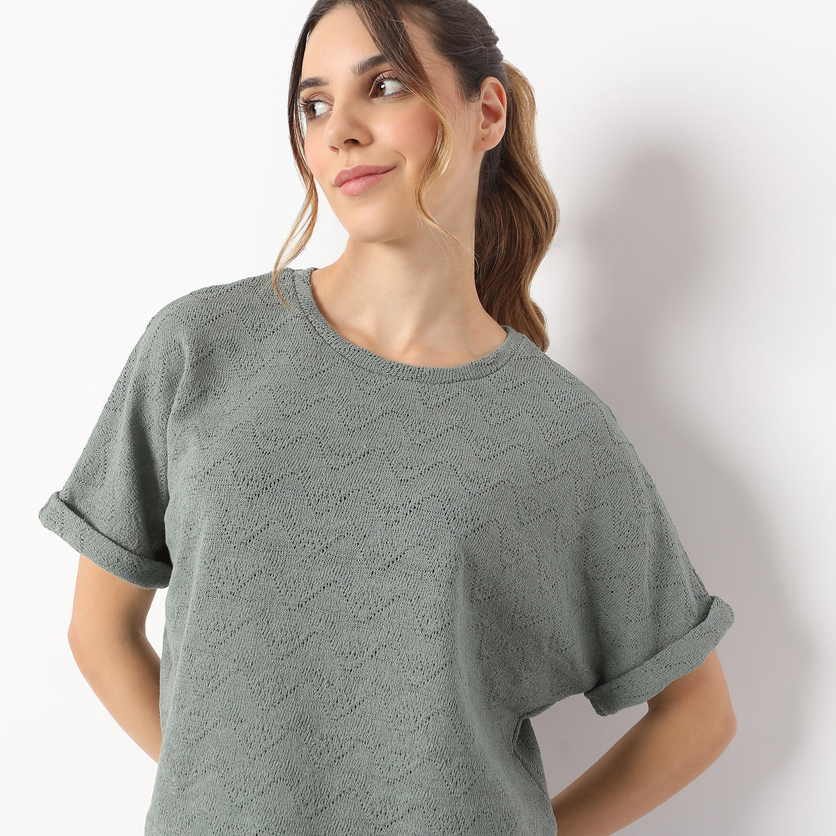 Boxy Fit Structured Flat Knits Dolman Sleeve Light Weight T-Shirt