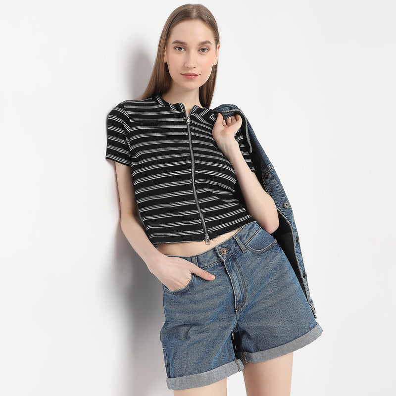 Striped Mock Neck with Zipper Crop T-Shirt