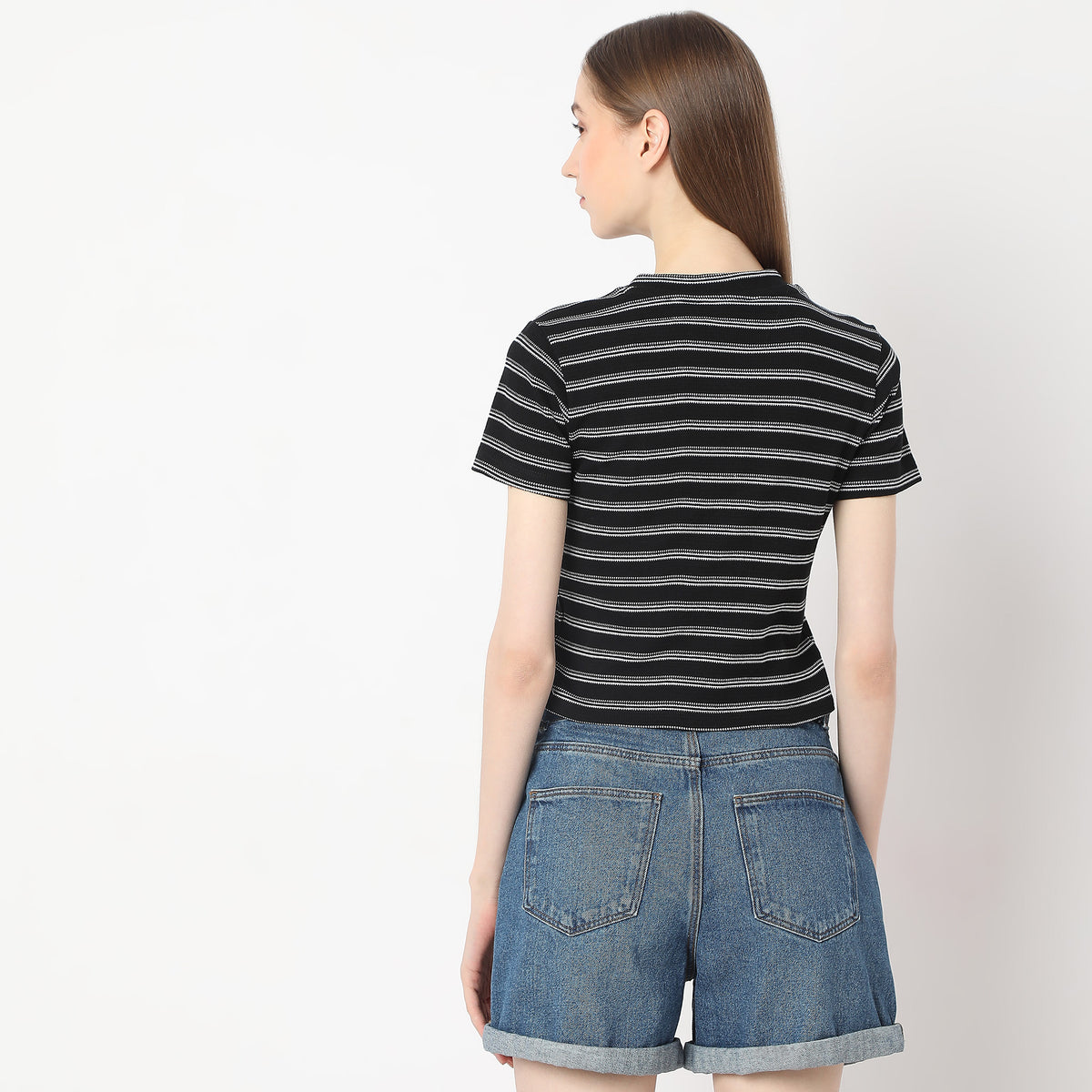 Striped Mock Neck with Zipper Crop T-Shirt