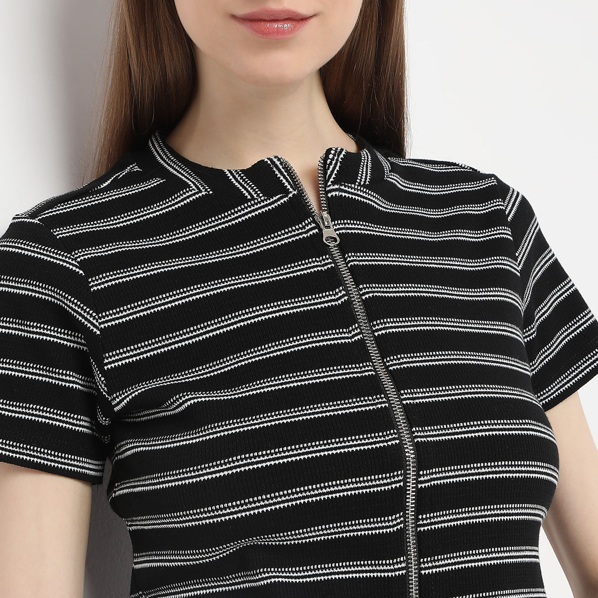 Striped Mock Neck with Zipper Crop T-Shirt