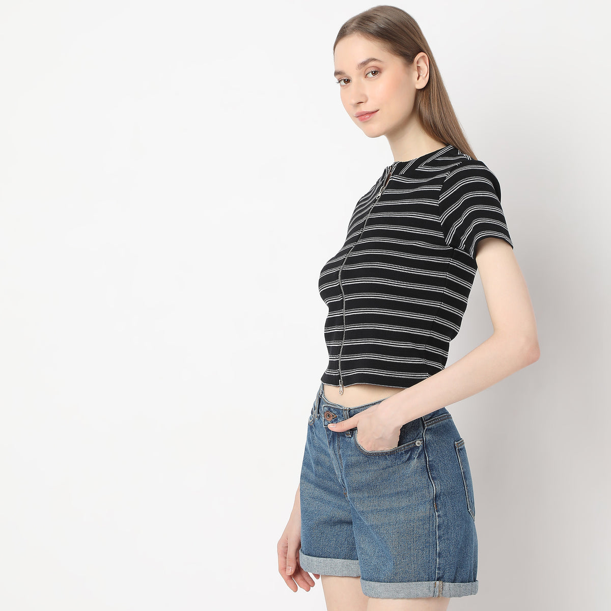 Striped Mock Neck with Zipper Crop T-Shirt