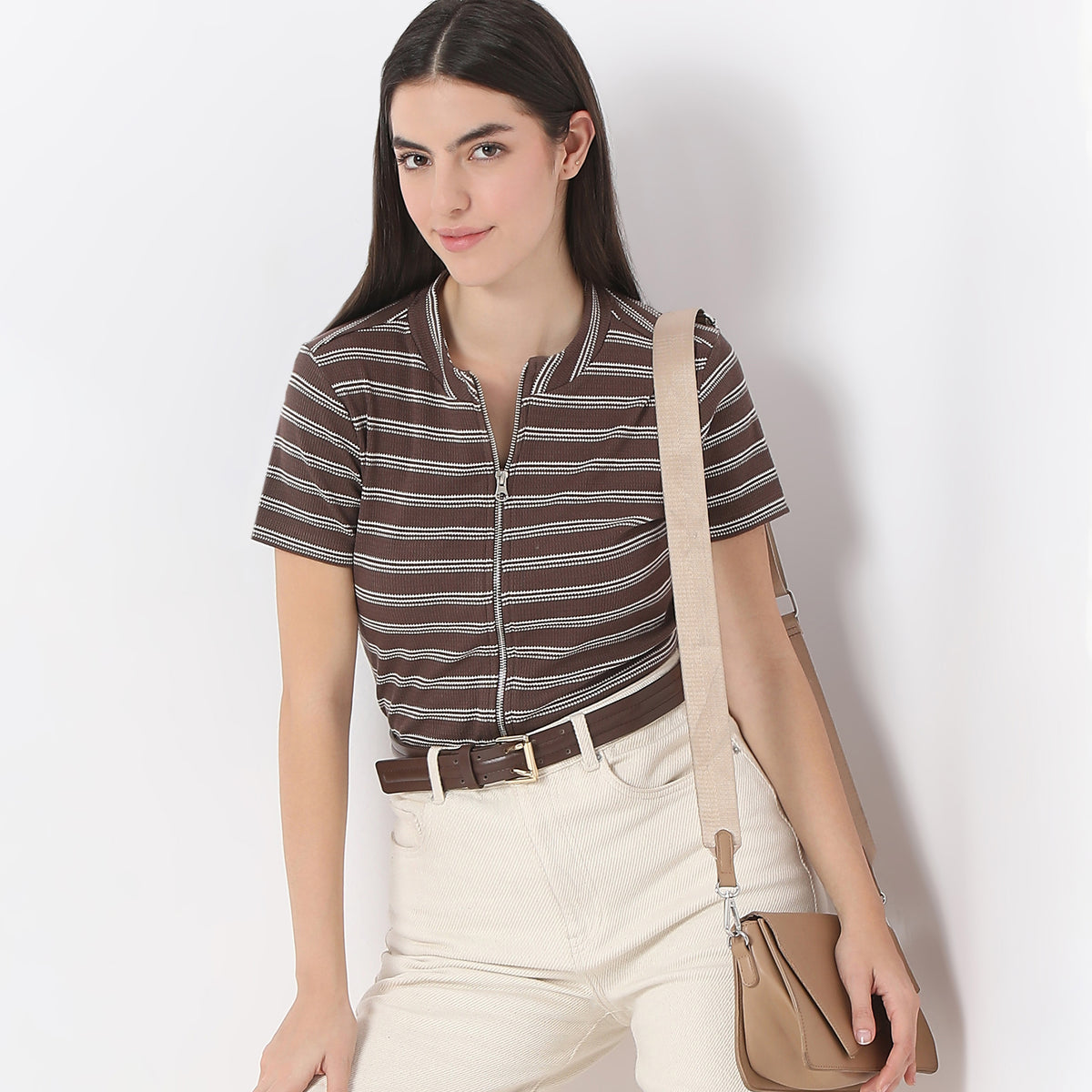 Striped Mock Neck with Zipper Crop T-Shirt