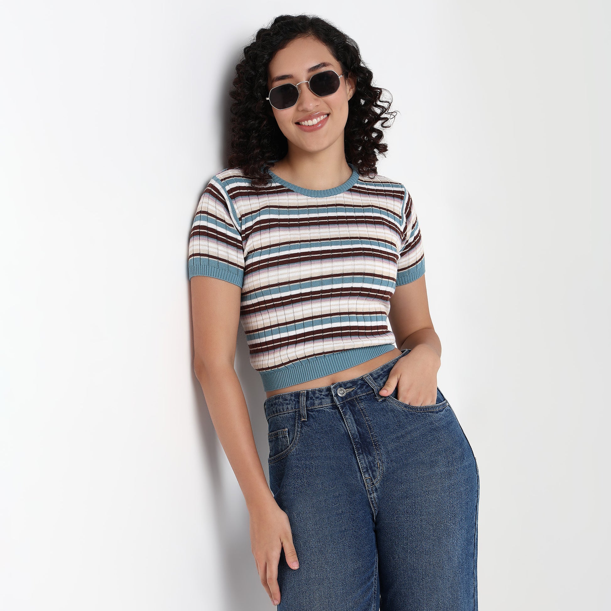 Knitted Striped Slim Crop T-Shirt