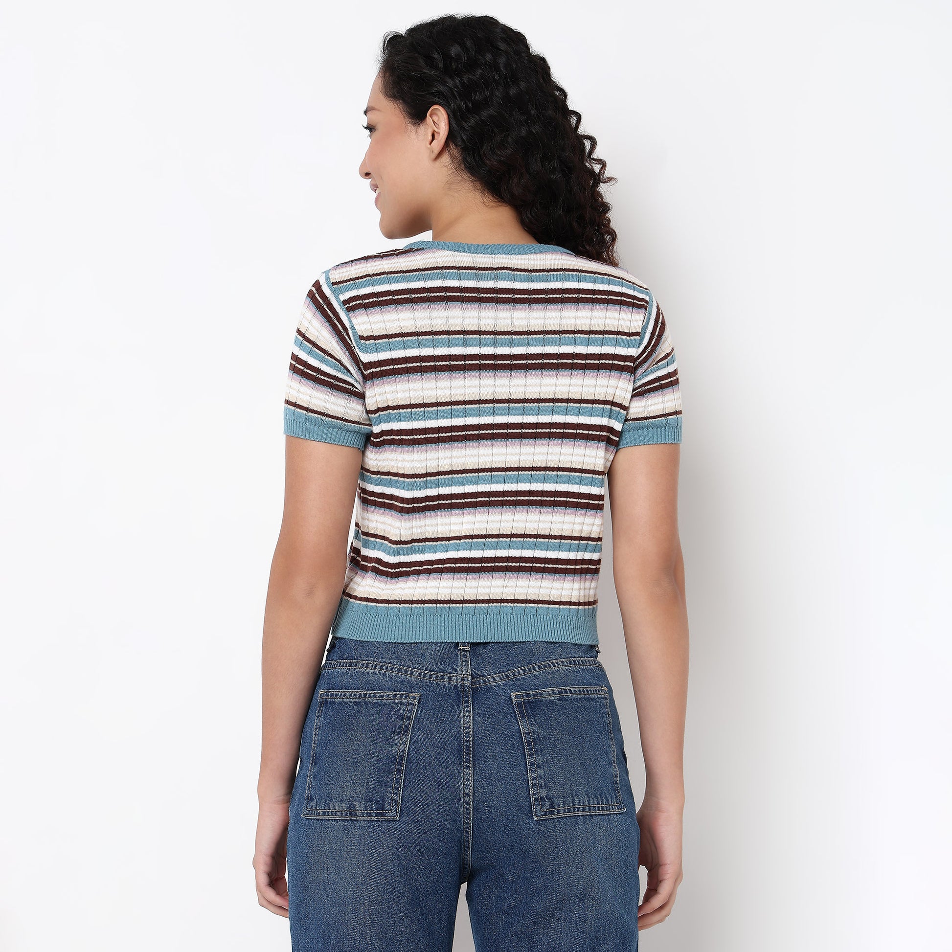 Knitted Striped Slim Crop T-Shirt