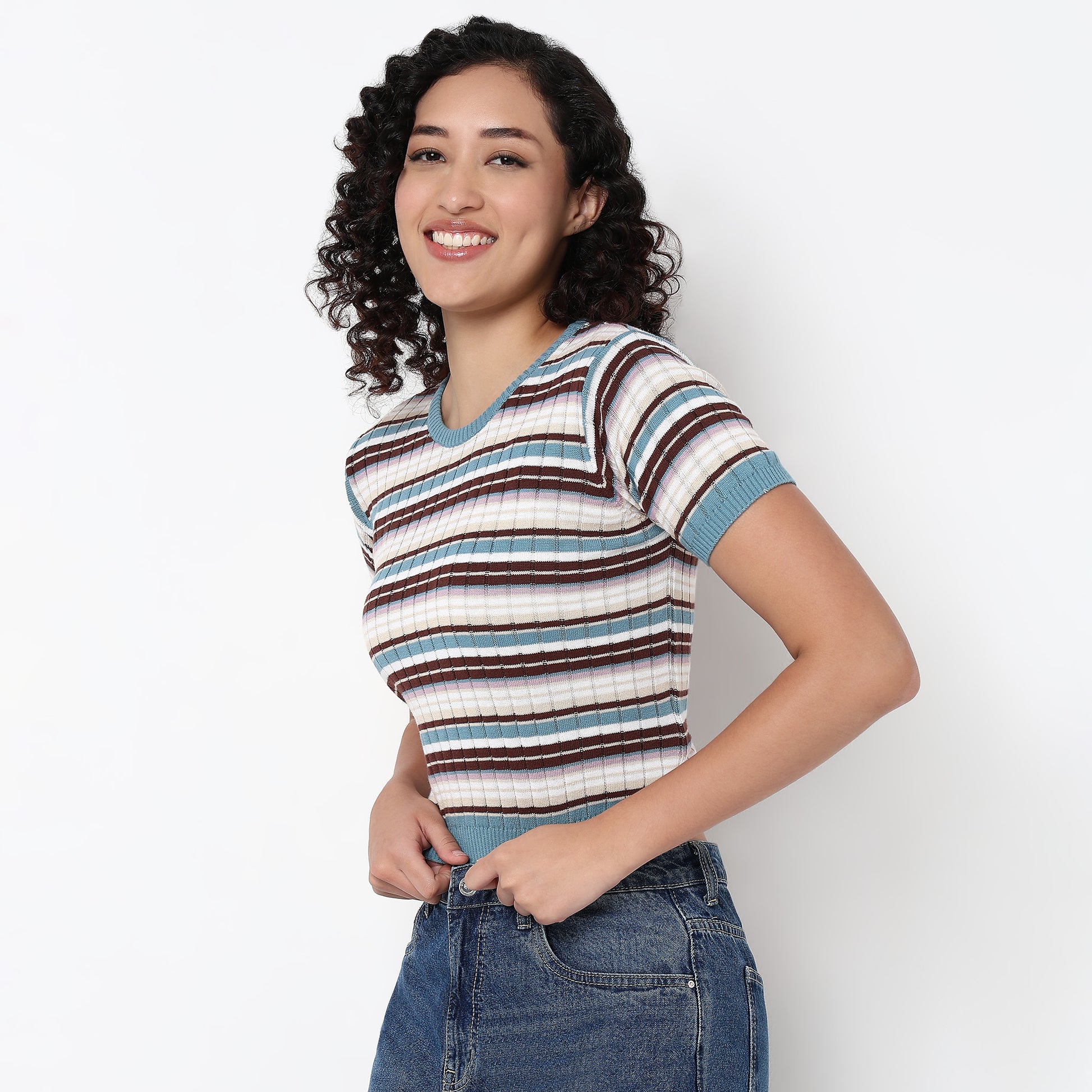 Knitted Striped Slim Crop T-Shirt