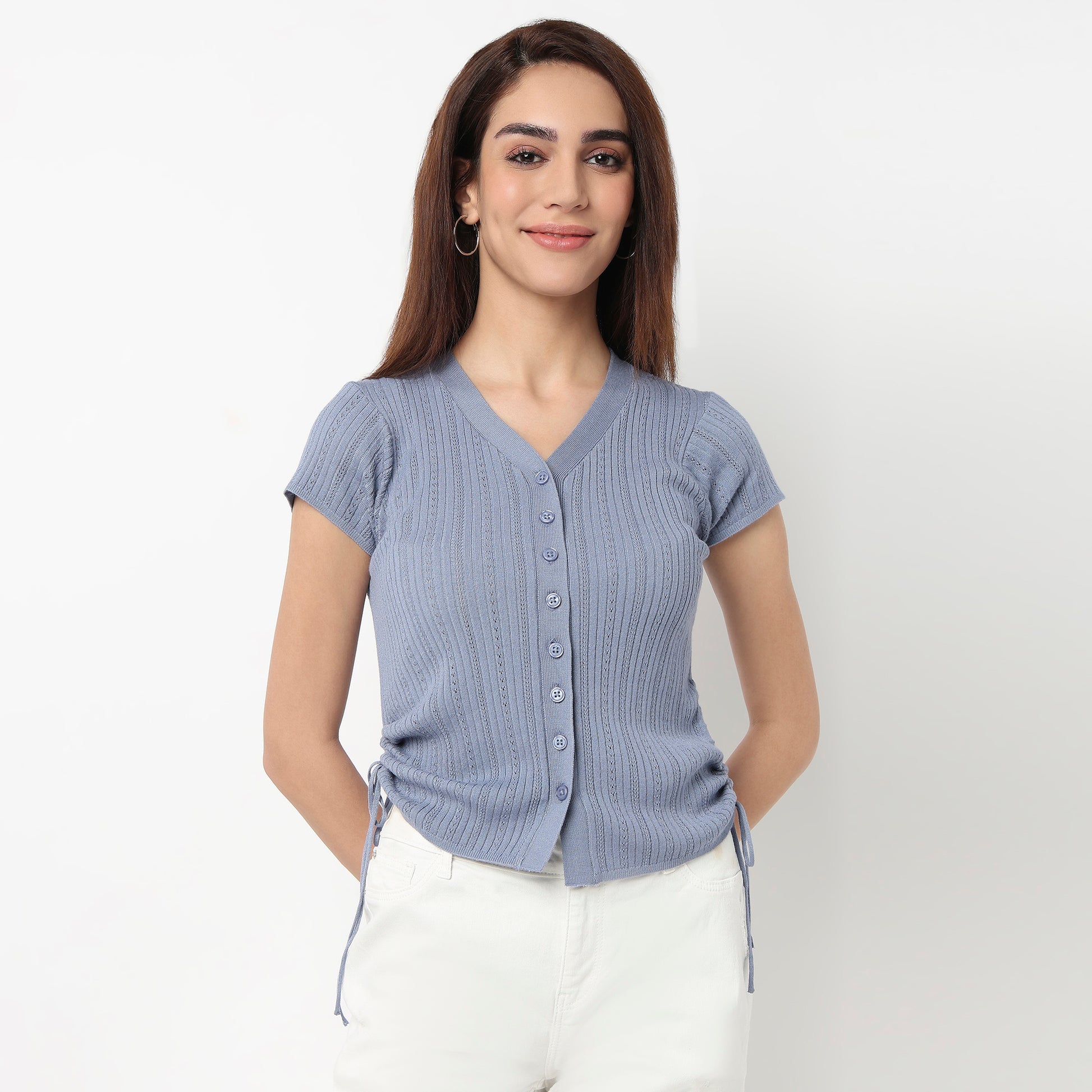 V-Neck Cropped T-Shirt With Side Ruching