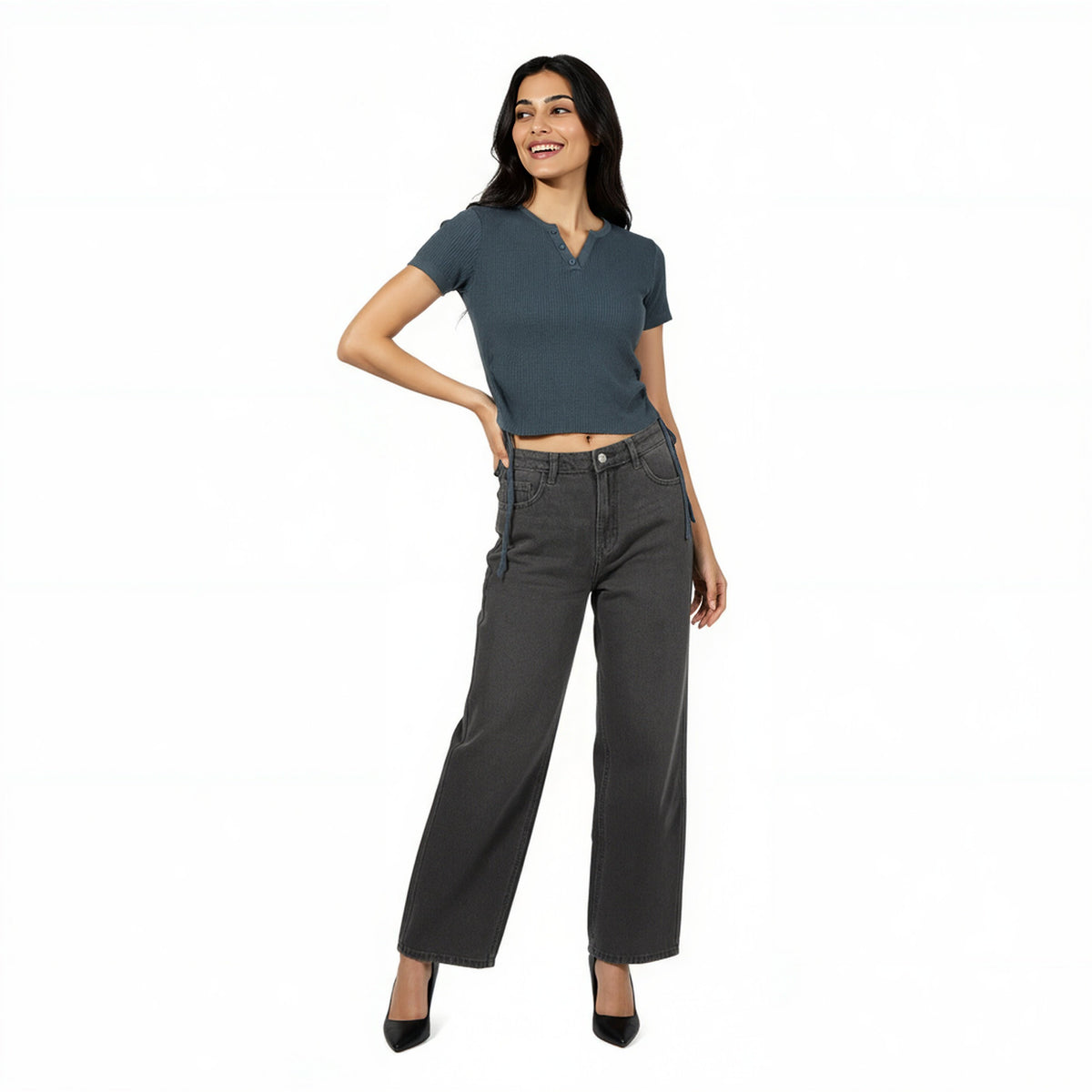 V-Neck Solid Fashion T-Shirt With Side Ruching