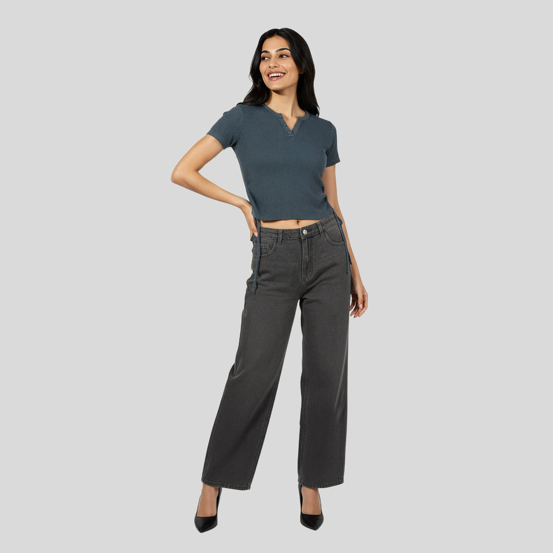 V-Neck Solid Fashion T-Shirt With Side Ruching