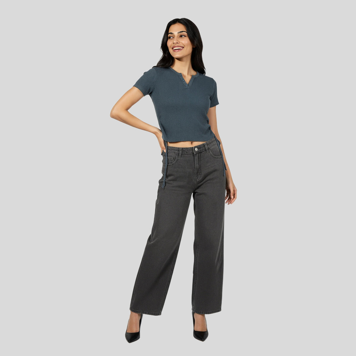 V-Neck Solid Fashion T-Shirt With Side Ruching