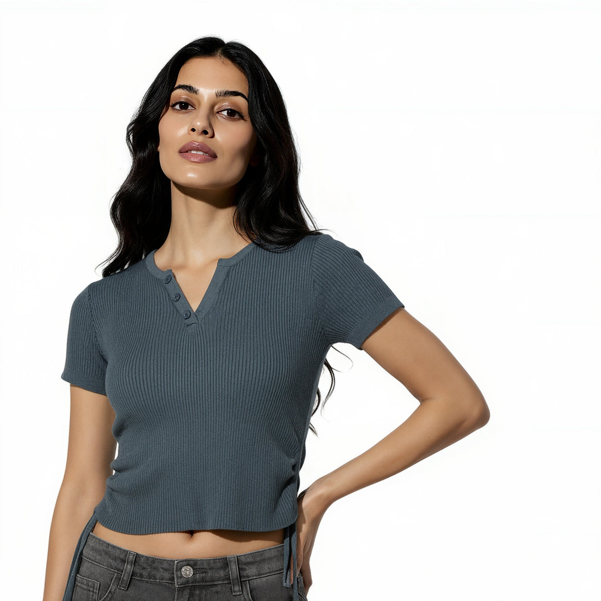 V-Neck Solid Fashion T-Shirt With Side Ruching