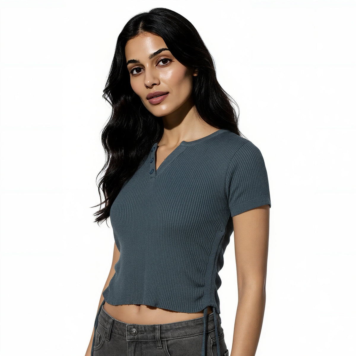 V-Neck Solid Fashion T-Shirt With Side Ruching