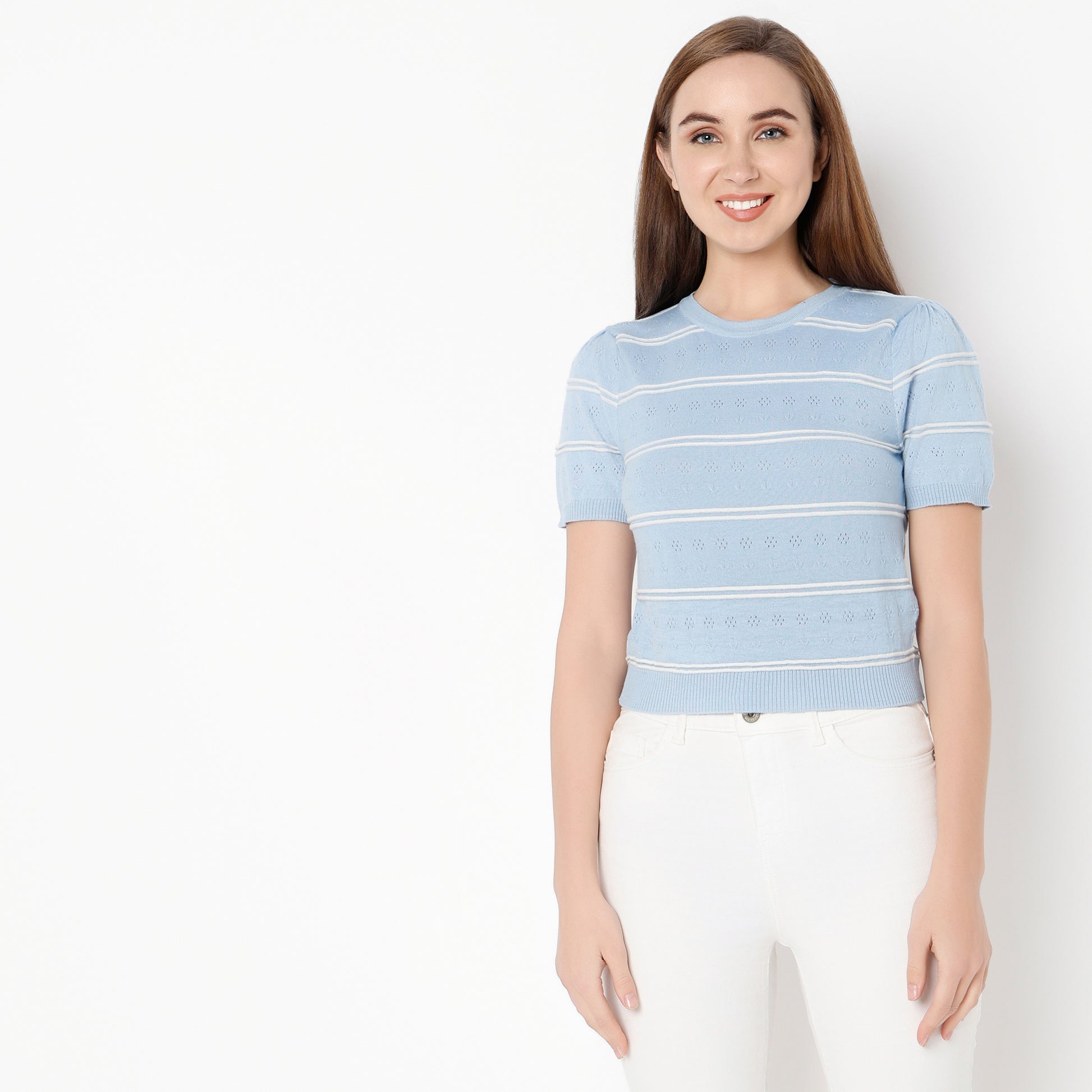 Regular Fit Striped Round Neck Top