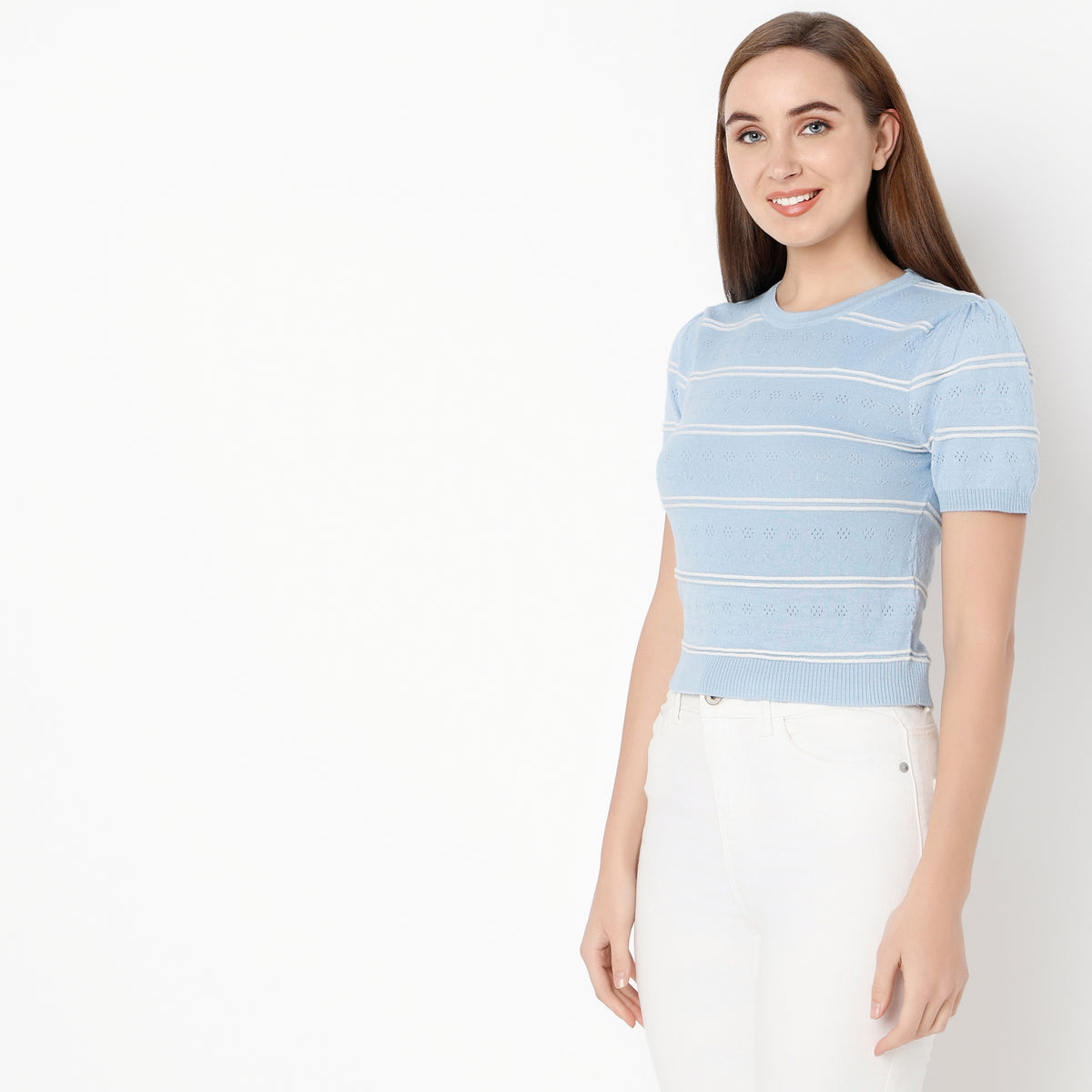 Regular Fit Striped Round Neck Top