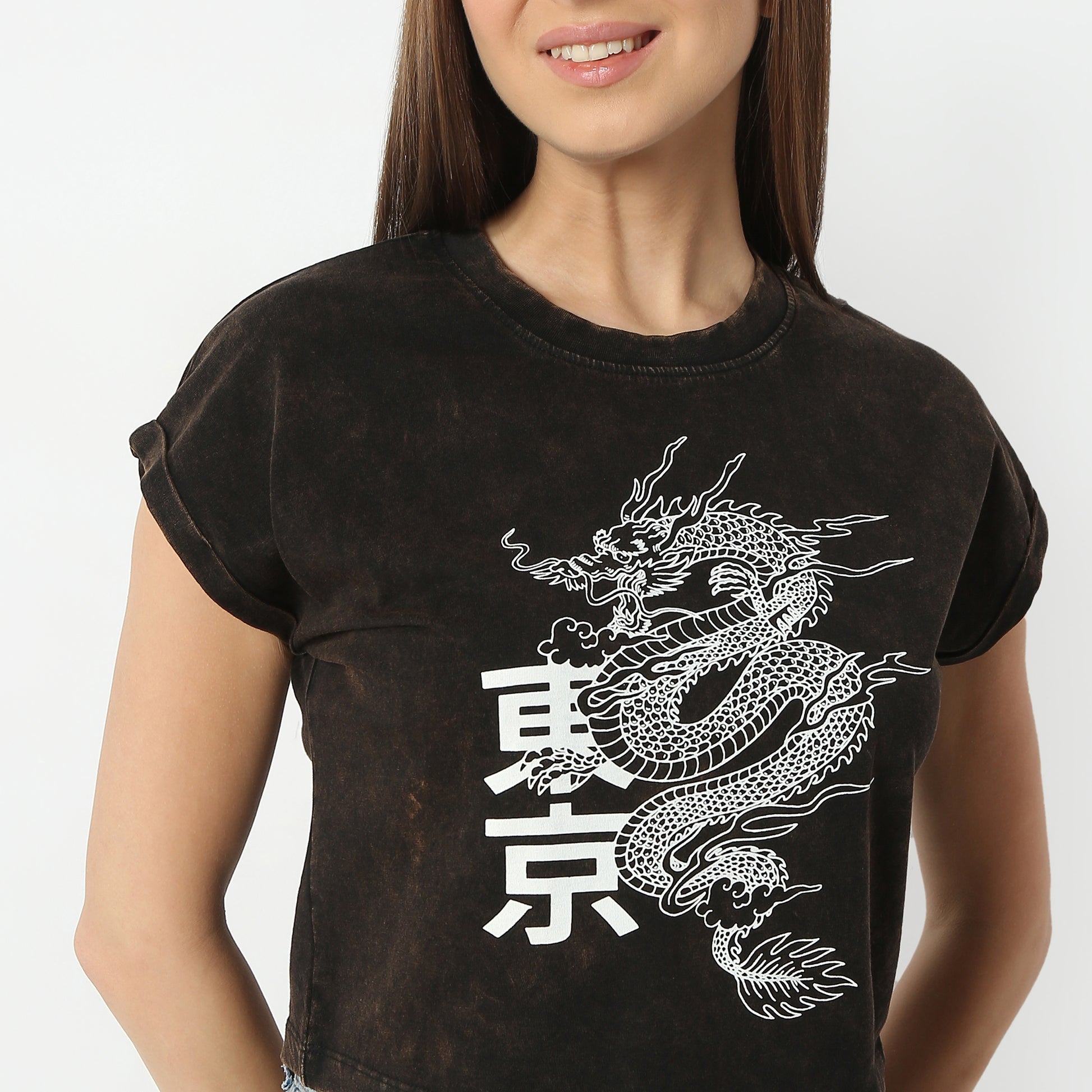 Regular Fit Graphic Round Neck Cropped T-Shirt