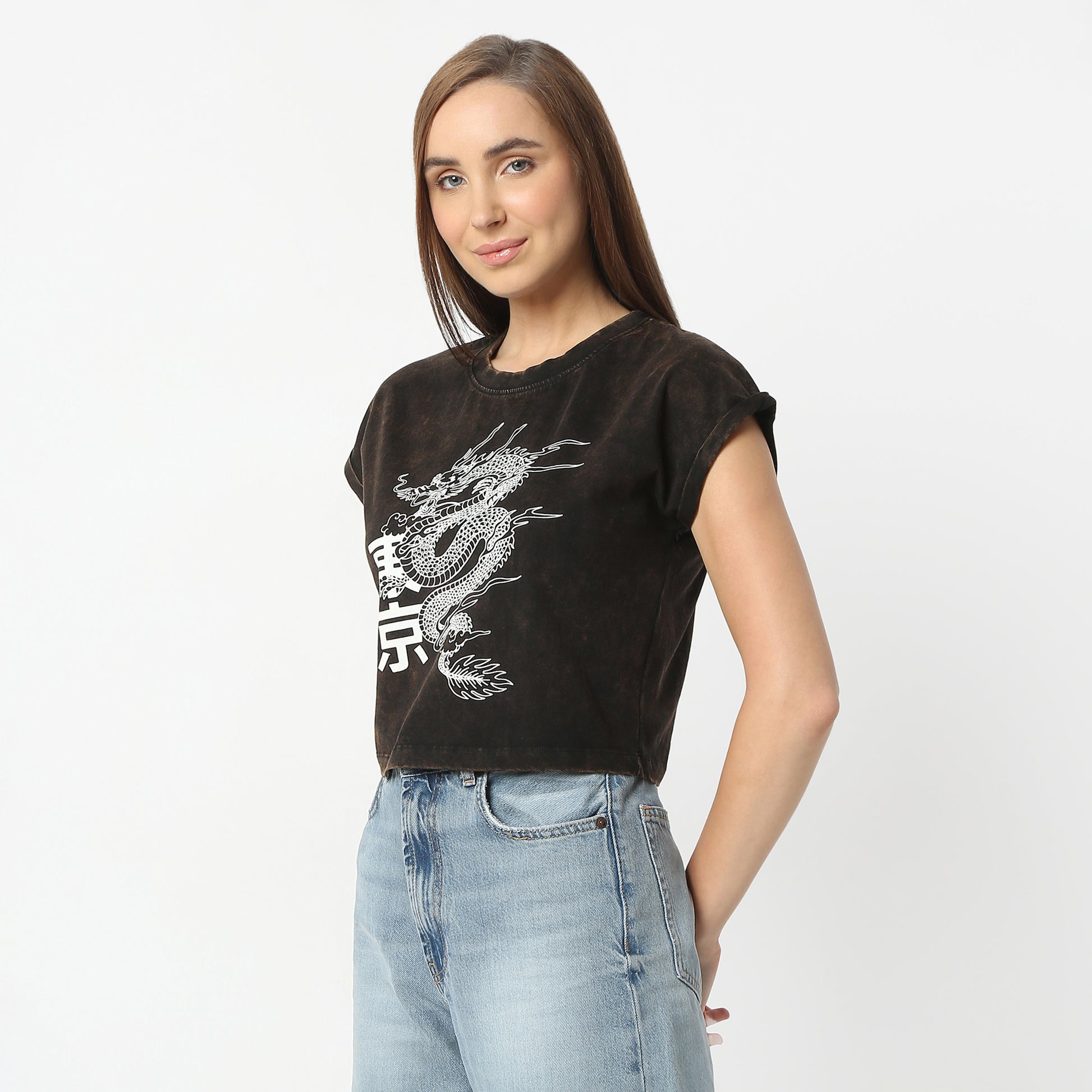 Regular Fit Graphic Round Neck Cropped T-Shirt
