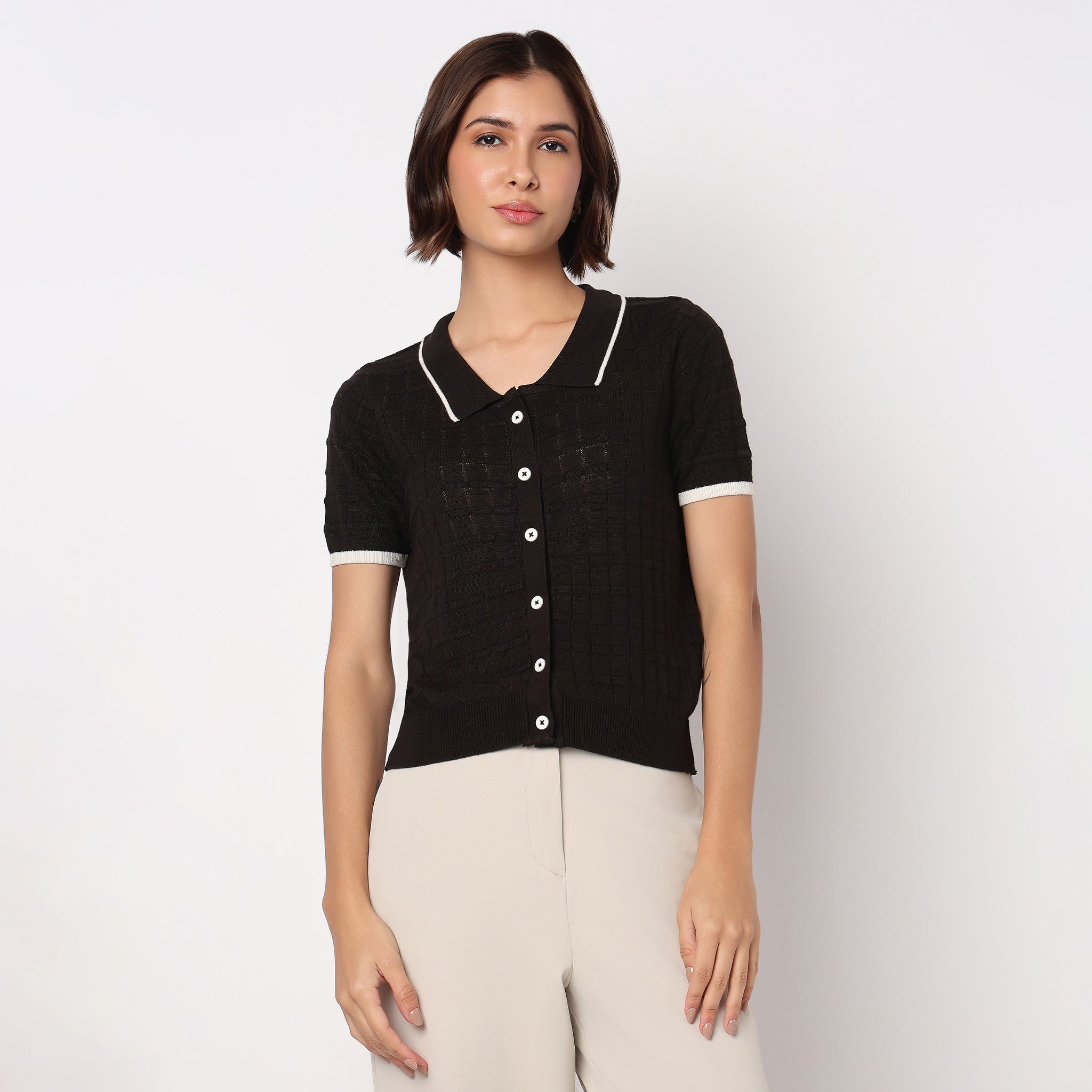 Polo Neck Fashion Tee With Front Opening