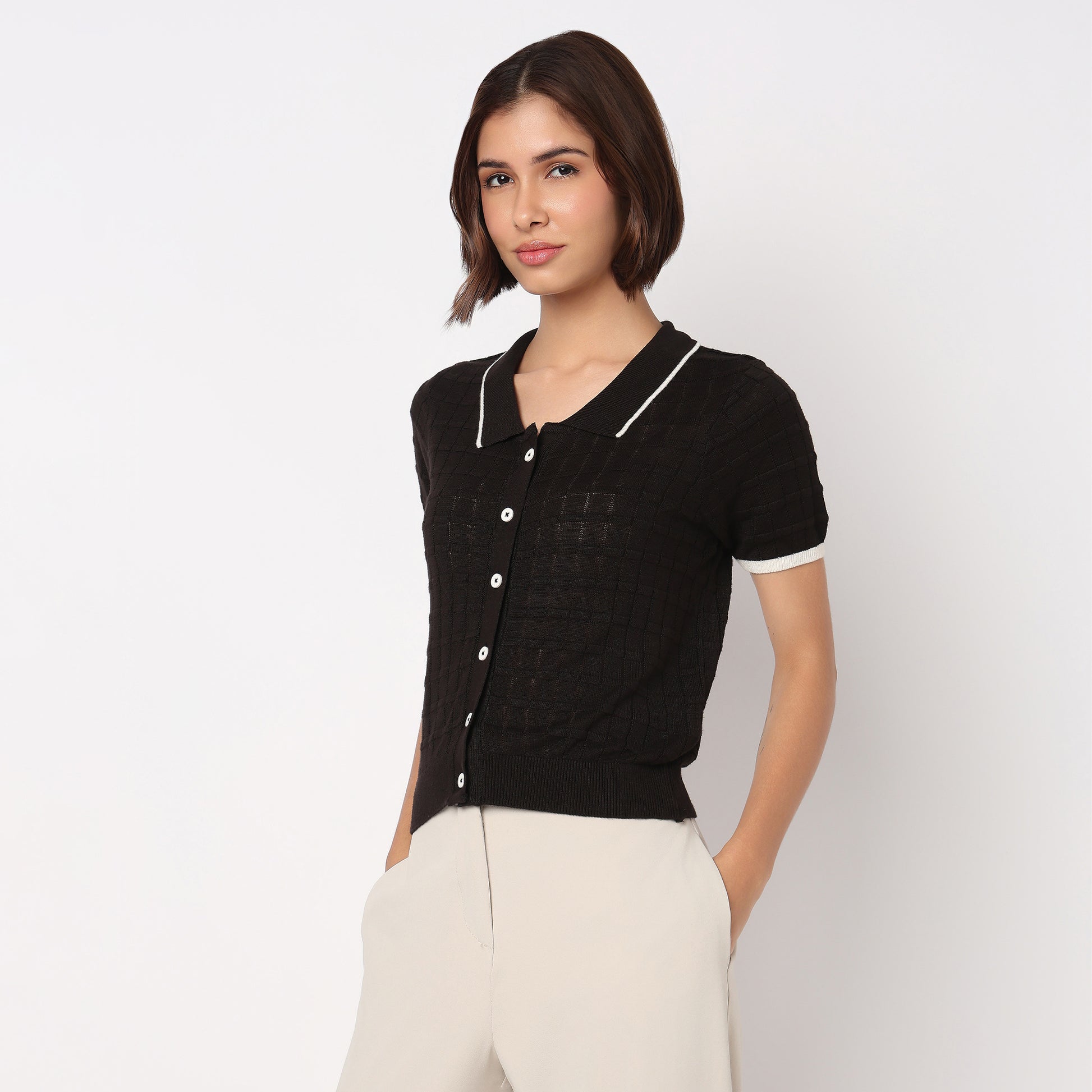 Polo Neck Fashion Tee With Front Opening