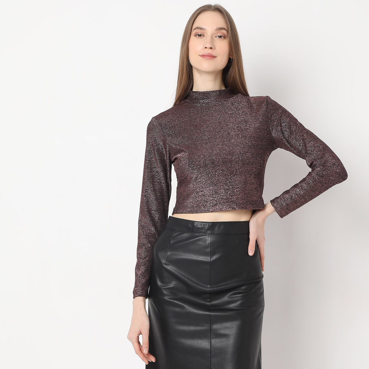 Mock Turtle Neck Full Sleeve Party Crop T-Shirt