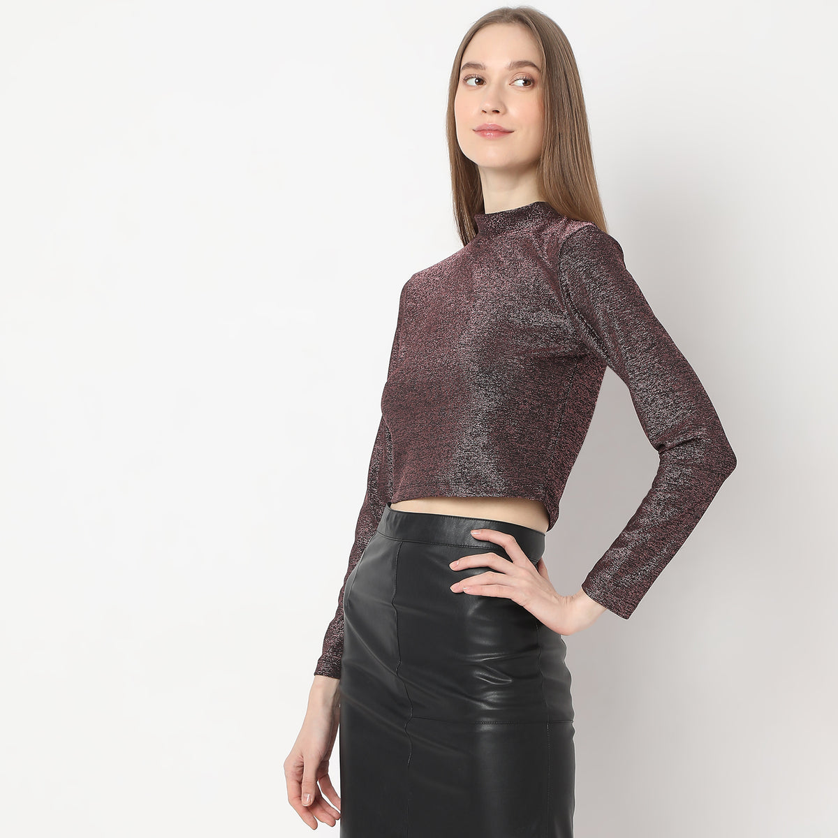 Mock Turtle Neck Full Sleeve Party Crop T-Shirt