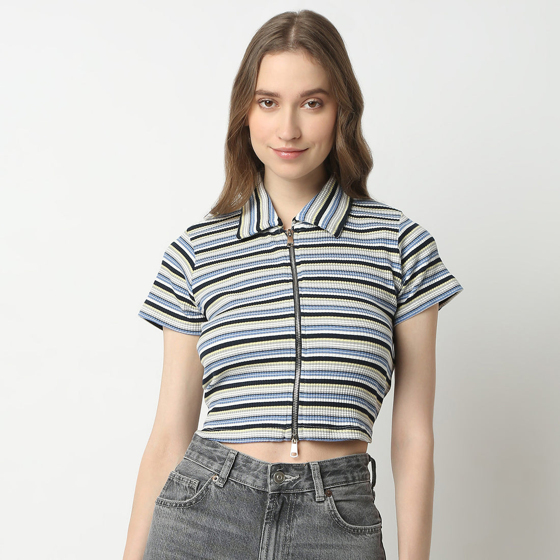 Slim Fit Striped Polo Neck T-Shirt