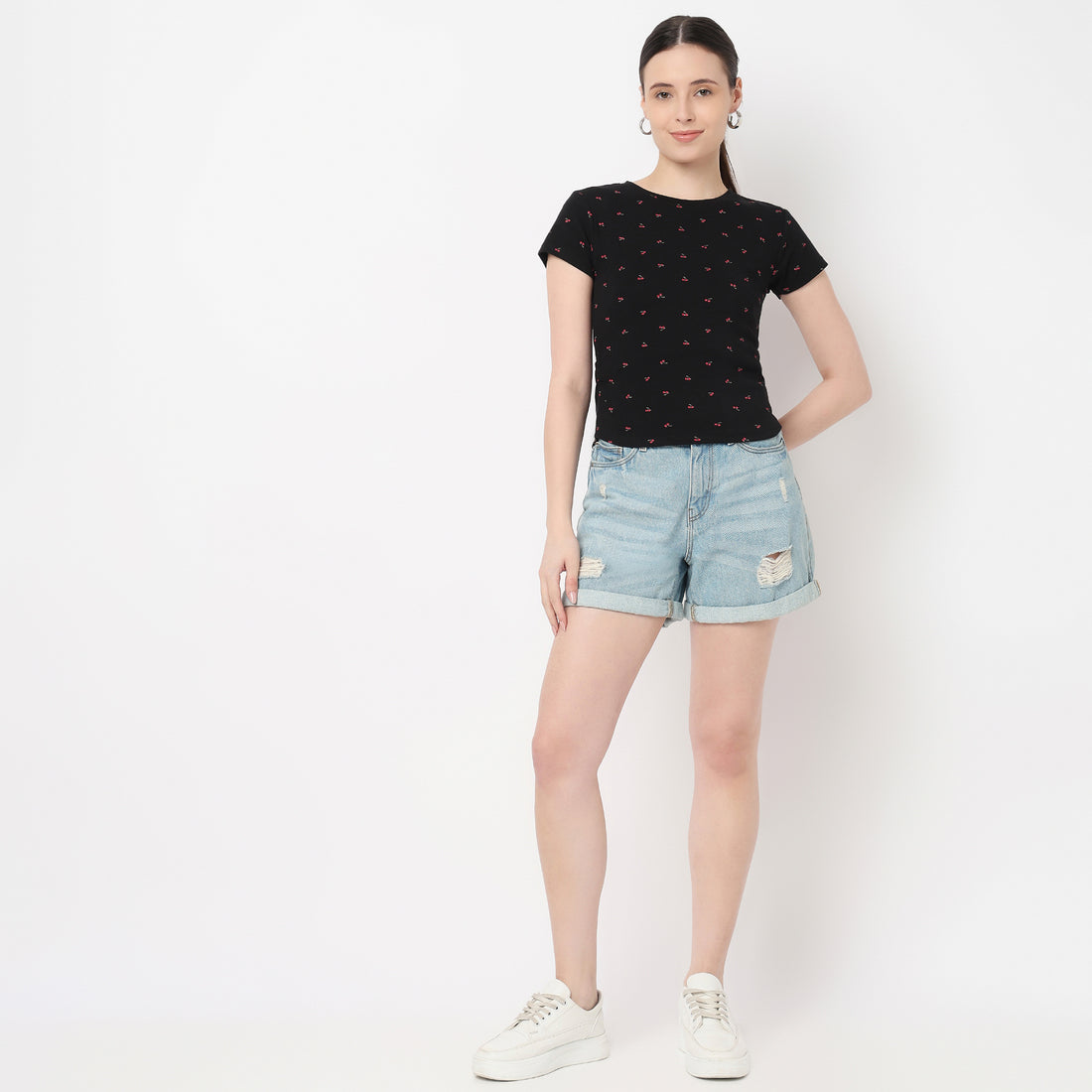 Side Ruching All Over Print Cherry Print Tee