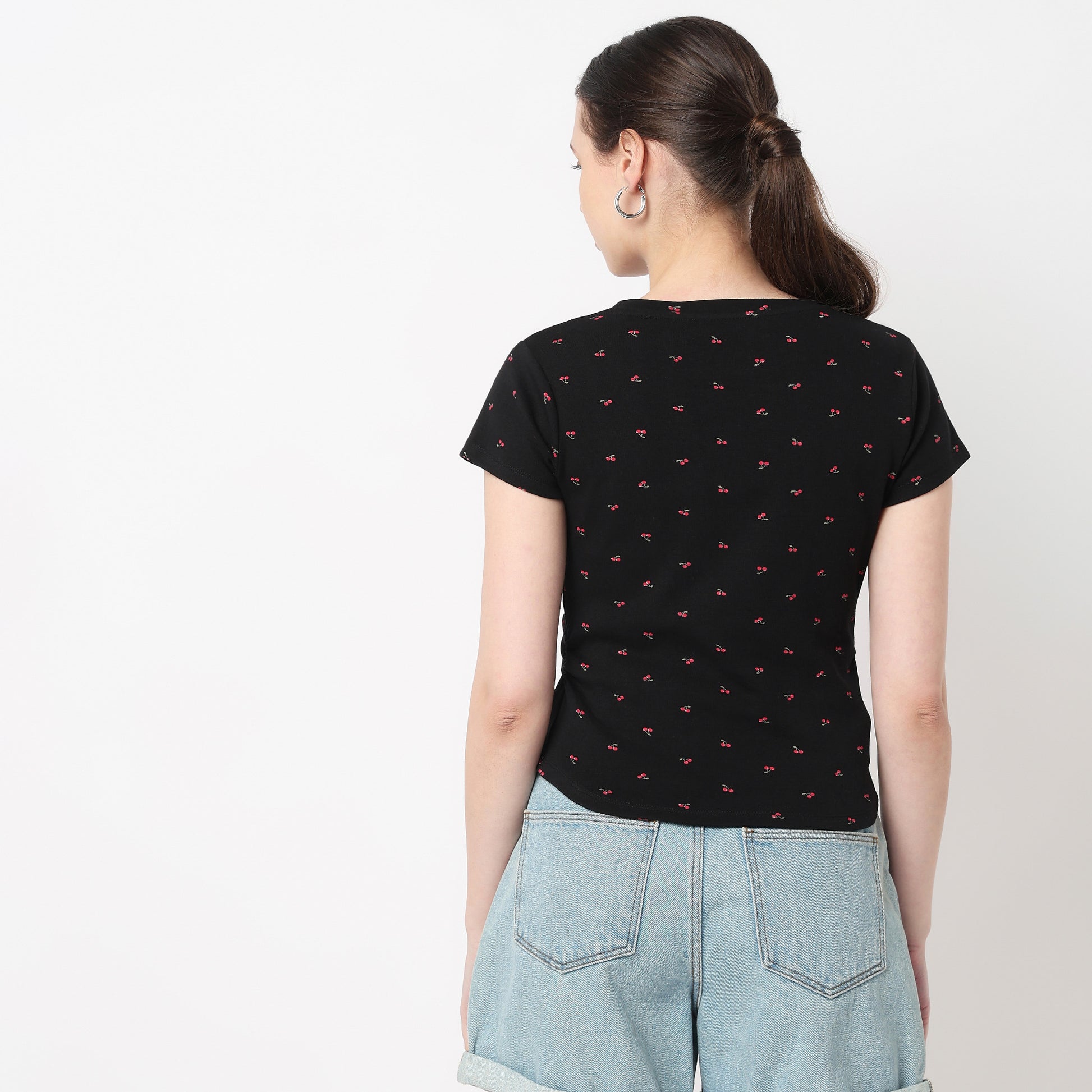 Side Ruching All Over Print Cherry Print Tee