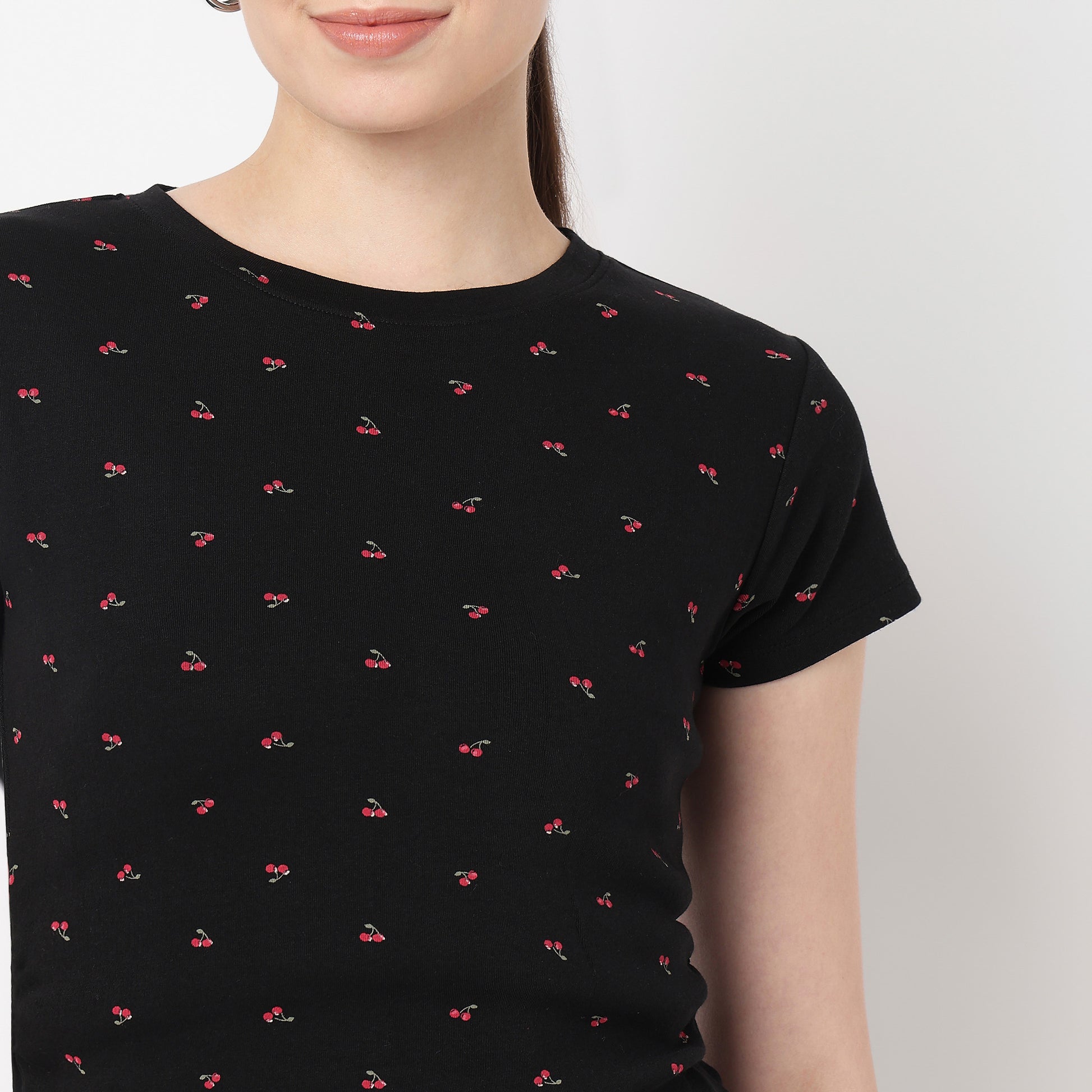 Side Ruching All Over Print Cherry Print Tee