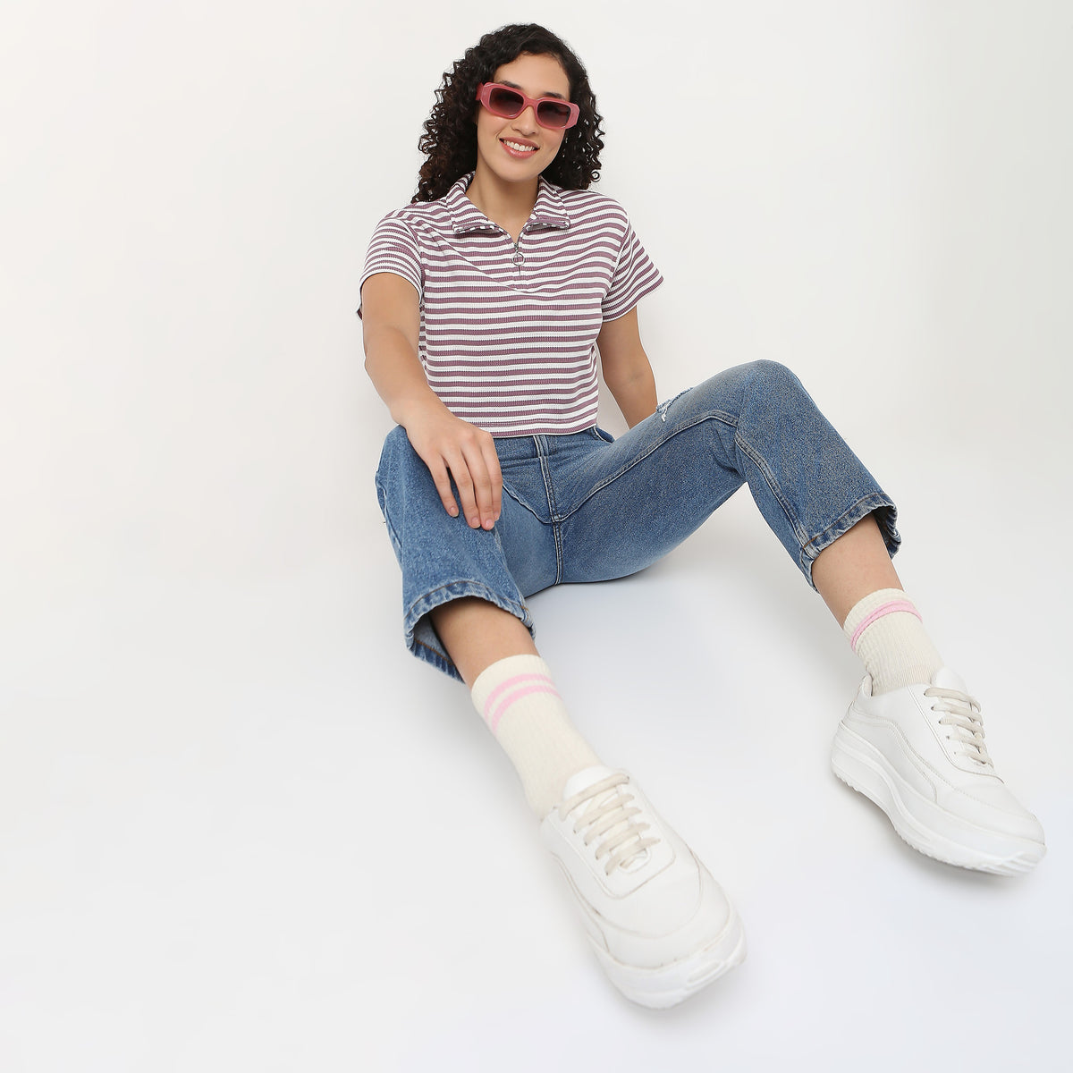 Striped Boxy Fit T-Shirt With Zipper