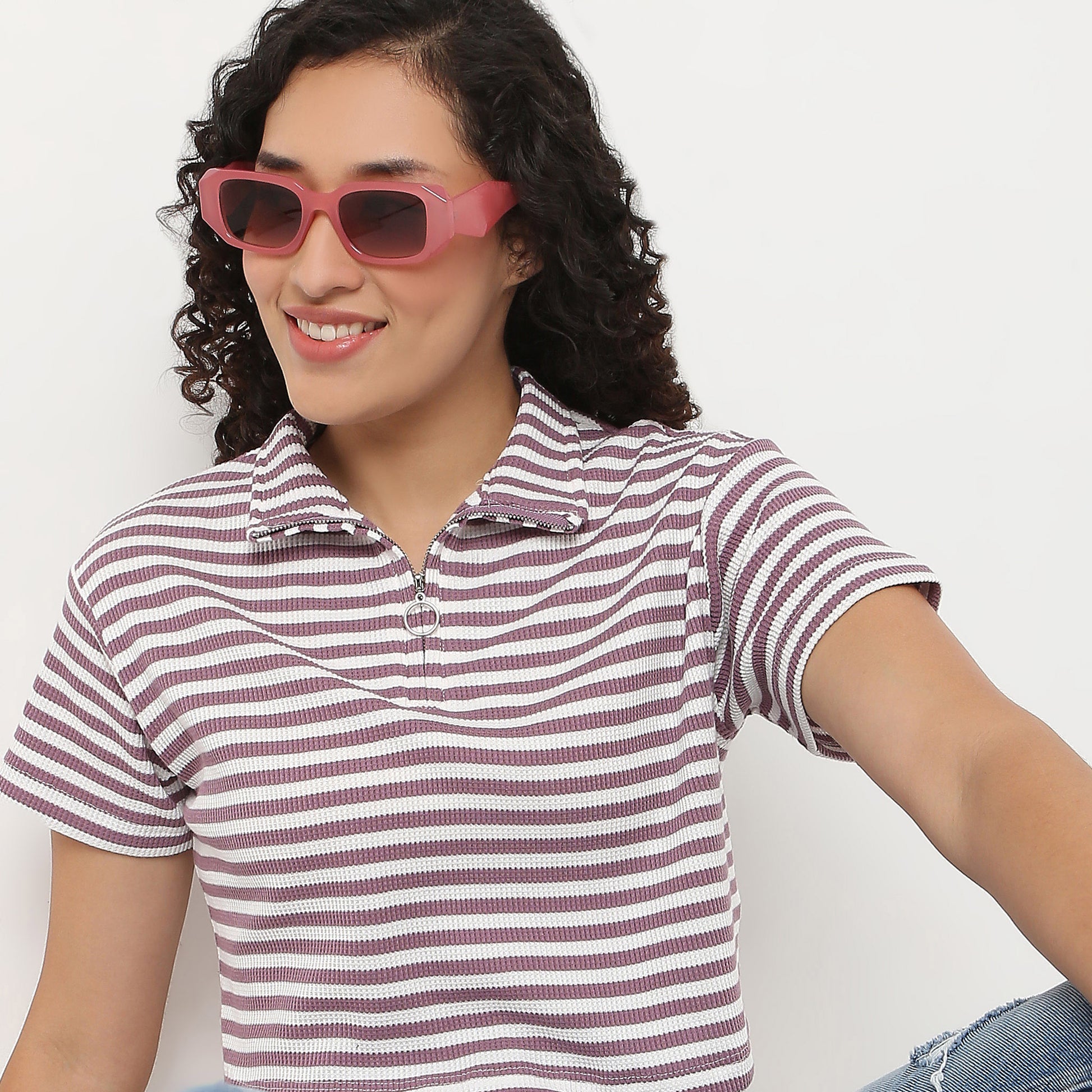 Striped Boxy Fit T-Shirt With Zipper