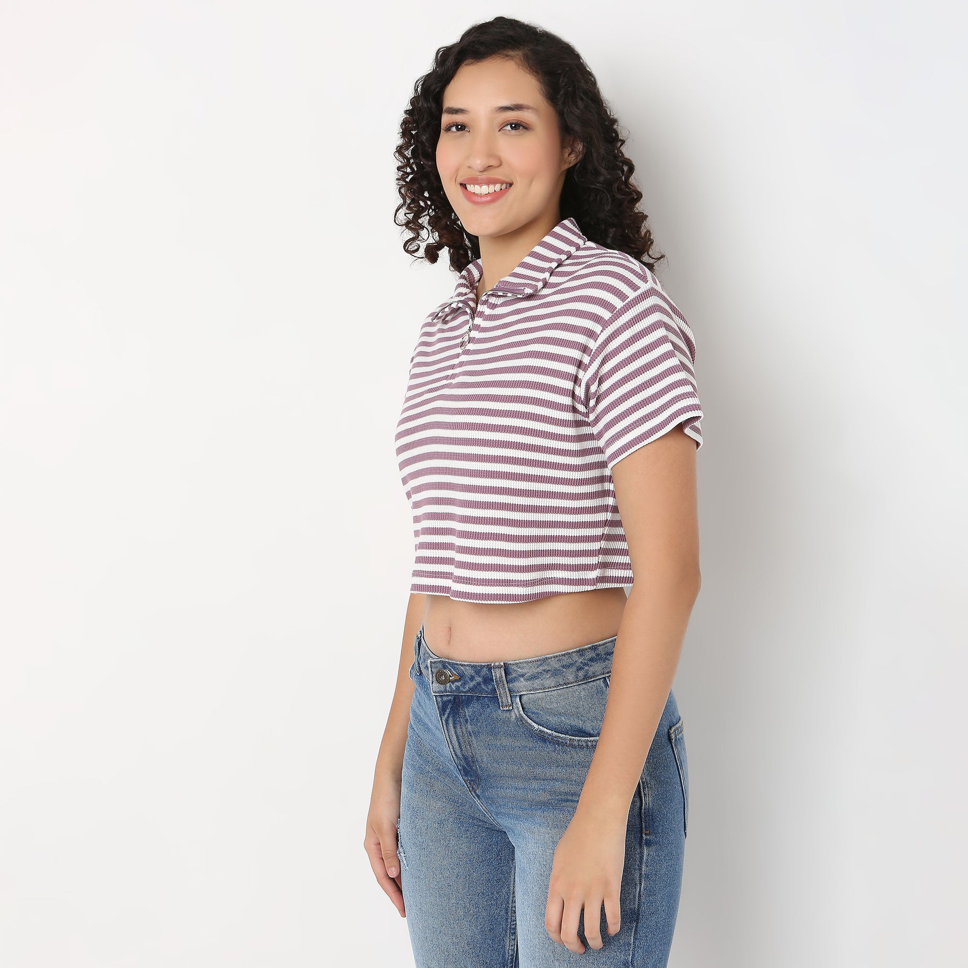 Striped Boxy Fit T-Shirt With Zipper