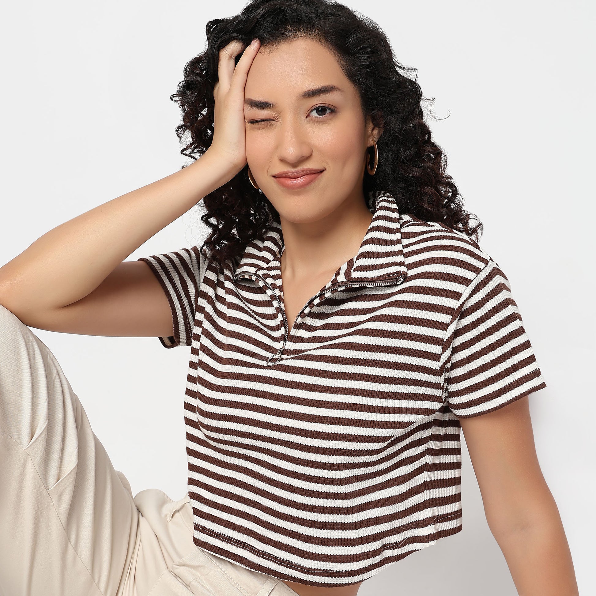 Striped Boxy Fit T-Shirt With Zipper