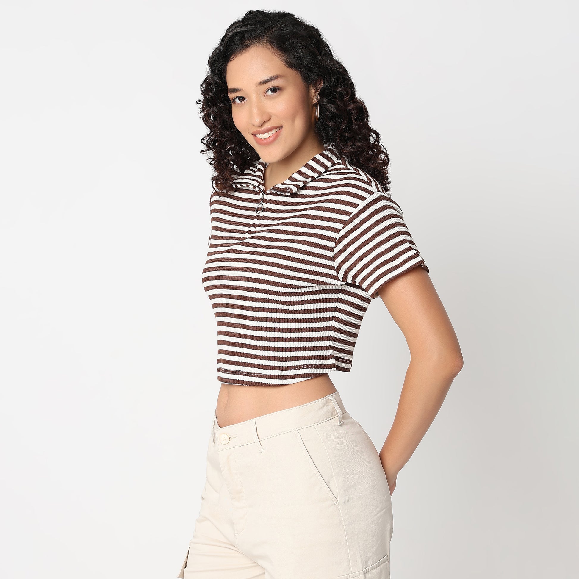 Striped Boxy Fit T-Shirt With Zipper