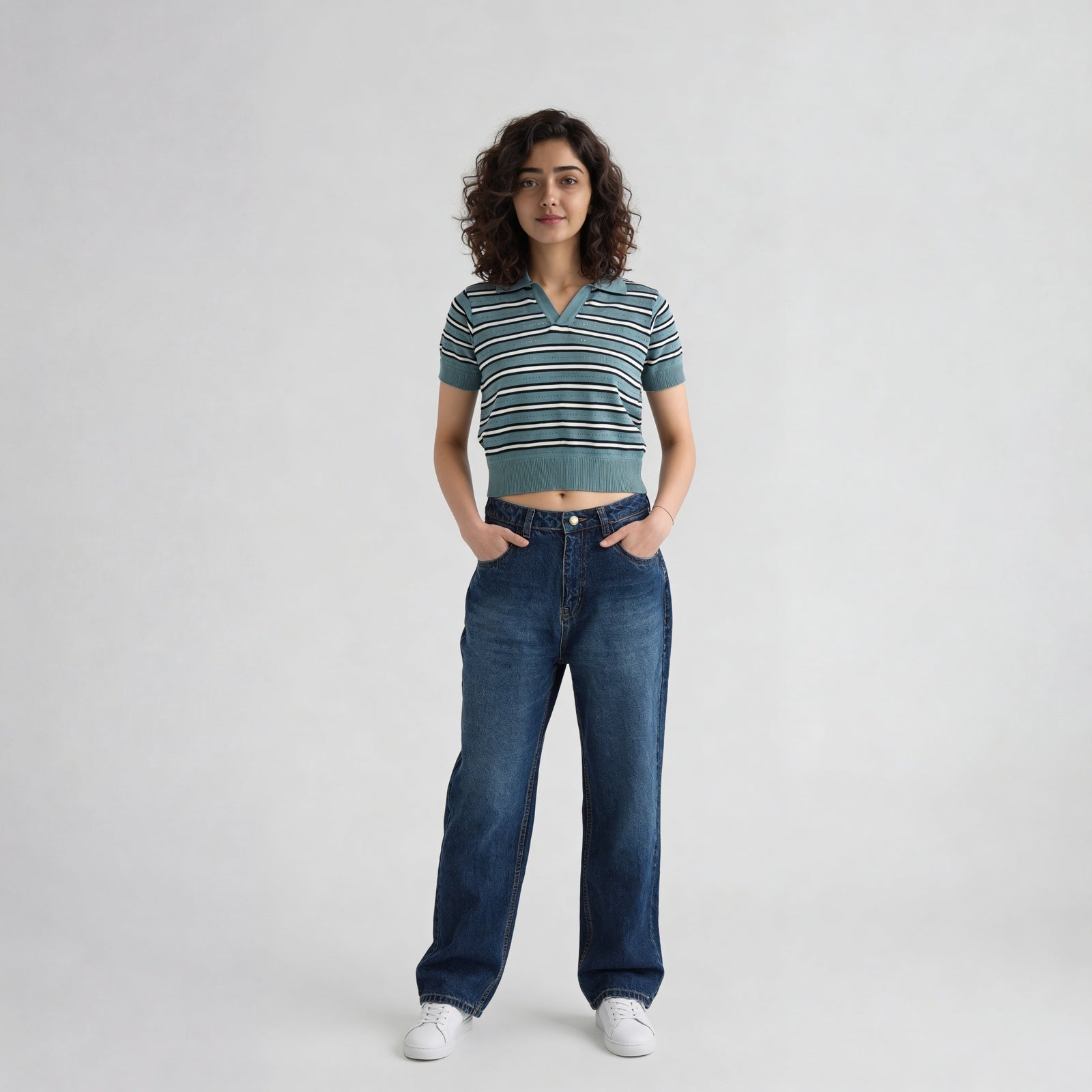 Cotton Striped Crop Polo Neck T-Shirt