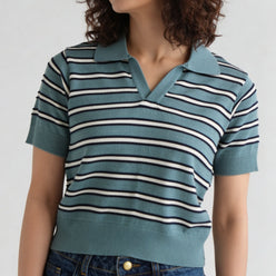 Cotton Striped Crop Polo Neck T-Shirt