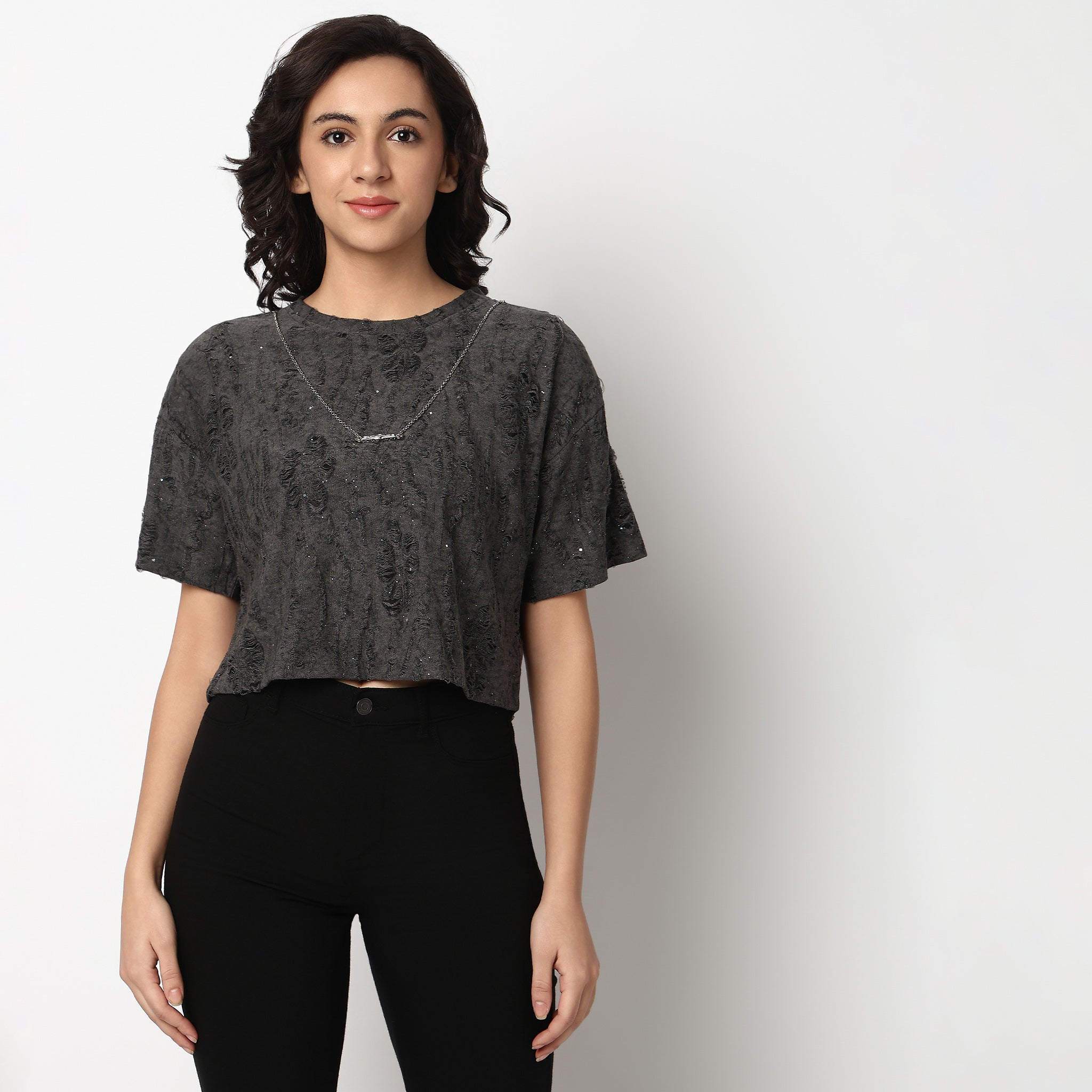 Buy Women Regular Fit Textured Short Sleeve T-Shirt  - Style Union