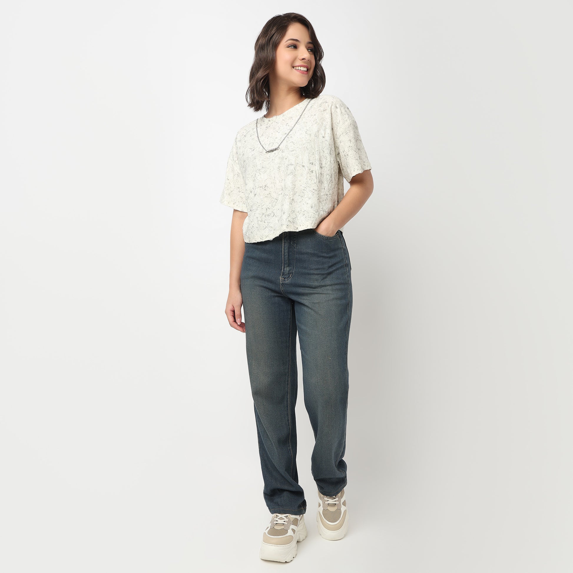 Buy Women Regular Fit Textured Short Sleeve T-Shirt  - Style Union